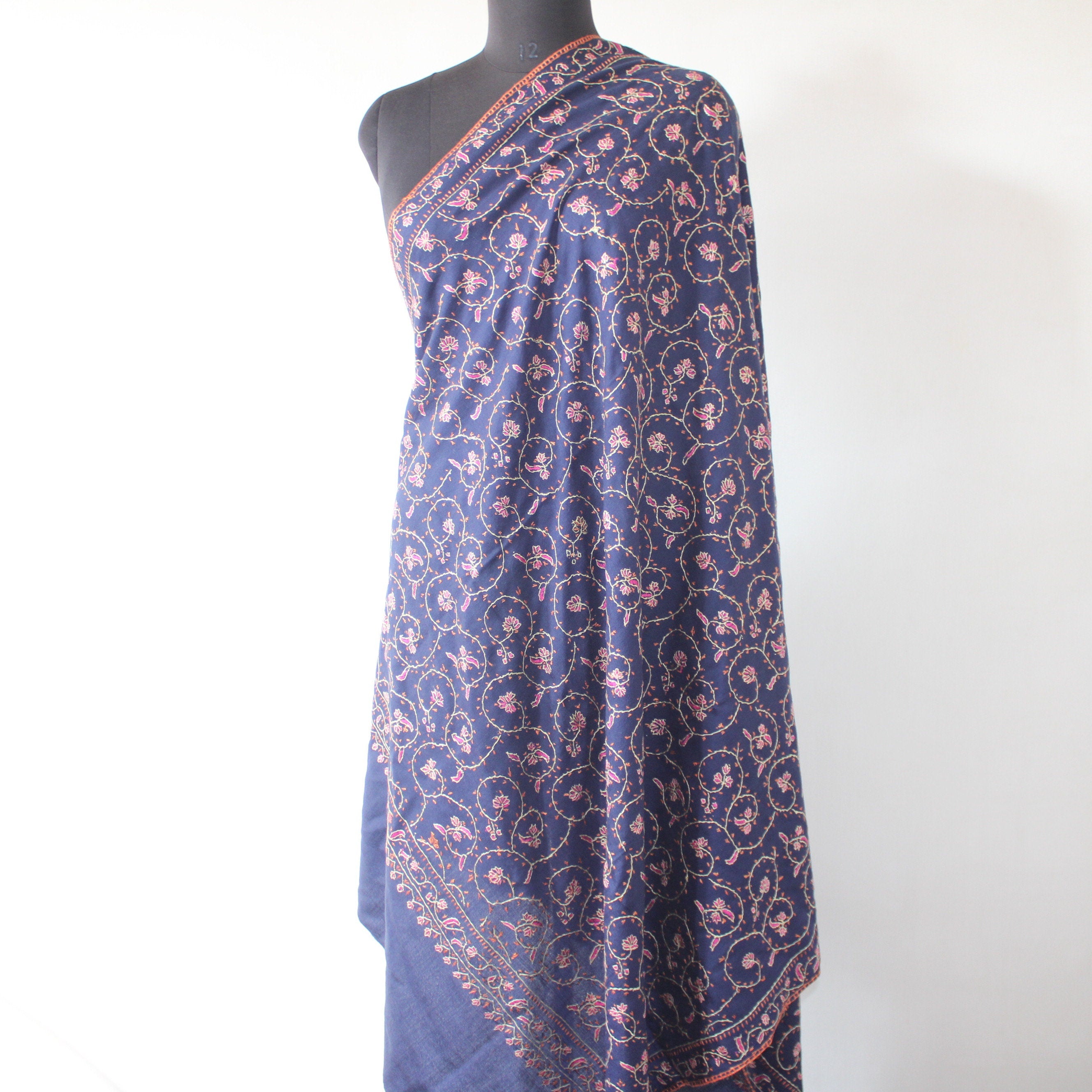 Kashmiri sozni Embroidery Shawl, Woolen embroidered shawl, Kashmiri Shawl For Women, sozni shawl, blue shawl, - BATIN