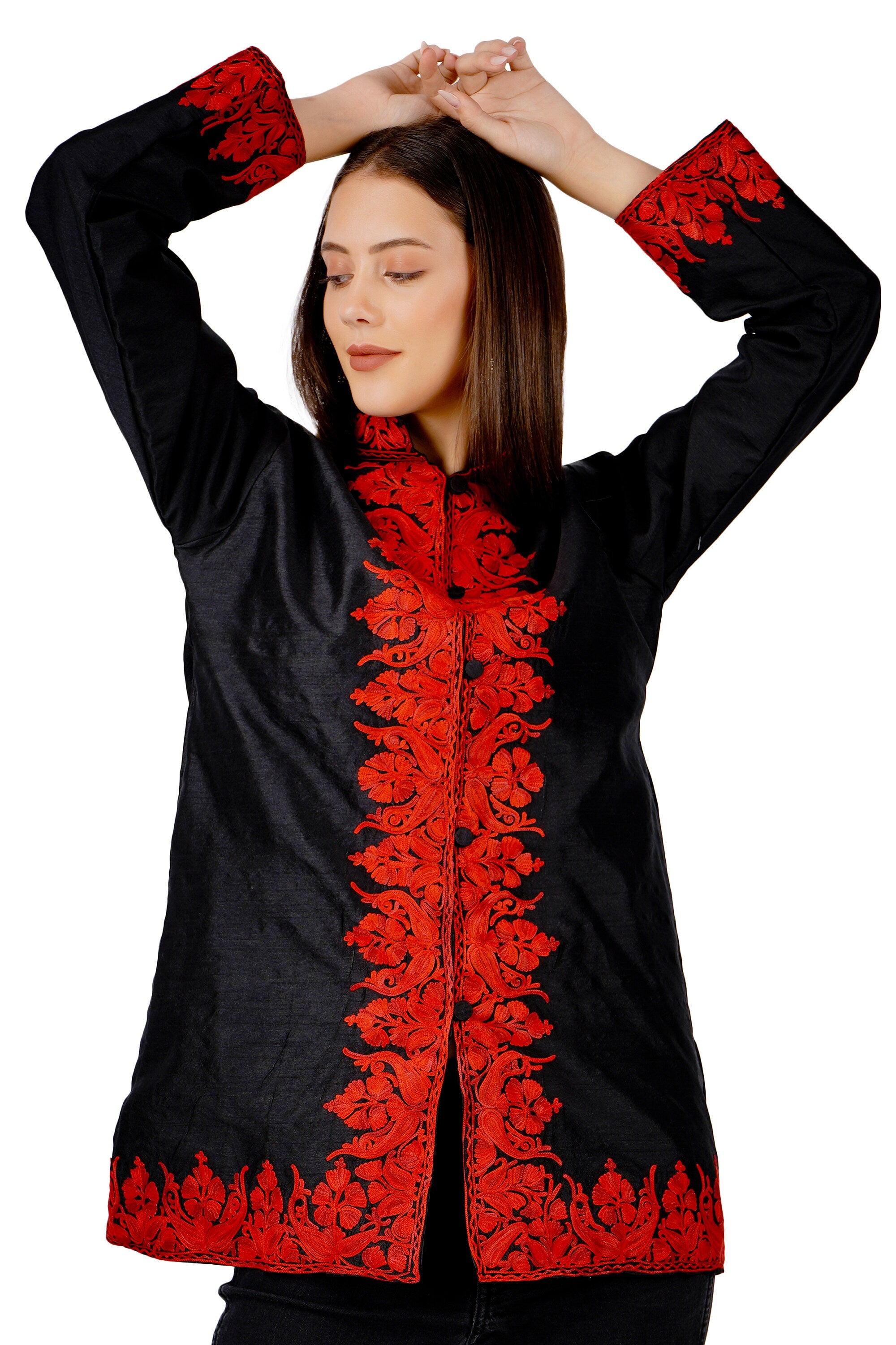 Short Embroidered Silk Jacket: Bohemian Style Kashmiri Coat