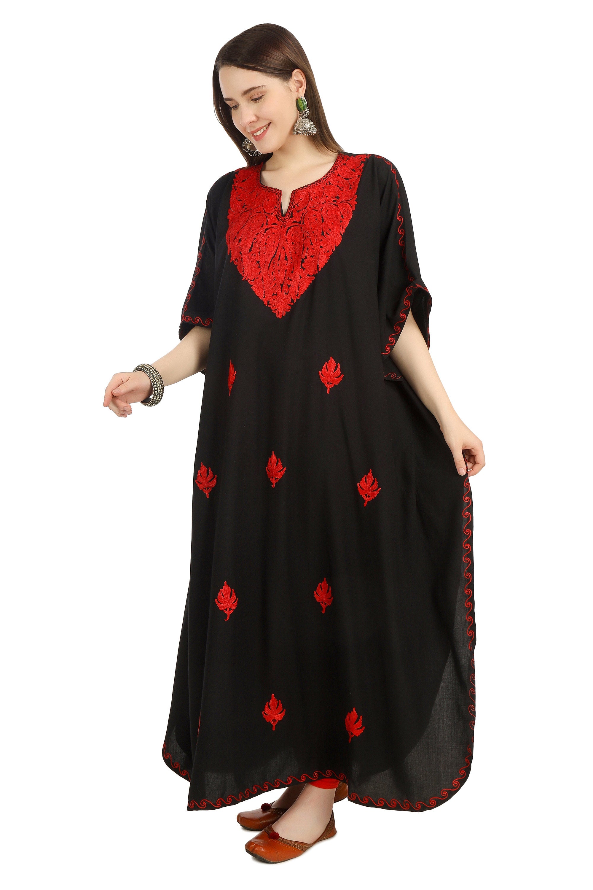 Kashmiri Aari Embroidered Cotton Kaftan for Women, Handmade Kaftan Dress for Girls, Cotton Maxi Dress for Summers