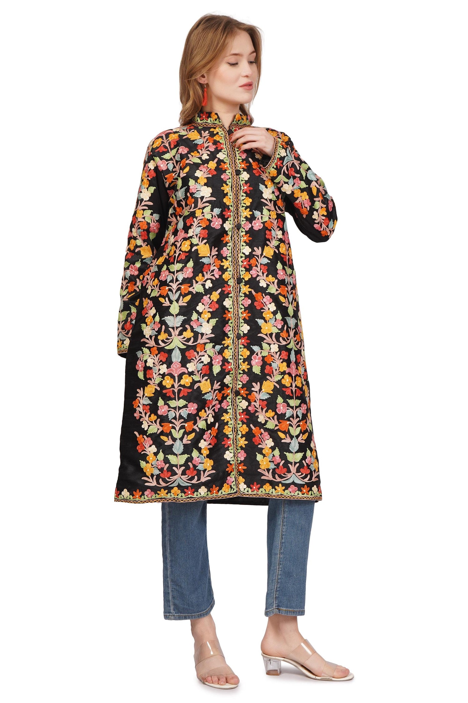 Kashmiri Jacket, Embroidered Silk Jacket, Long Length Coat, Bohemian Jacket, Embroidered Jacket, Long Embroidered Coat, Silk Summer Jacket