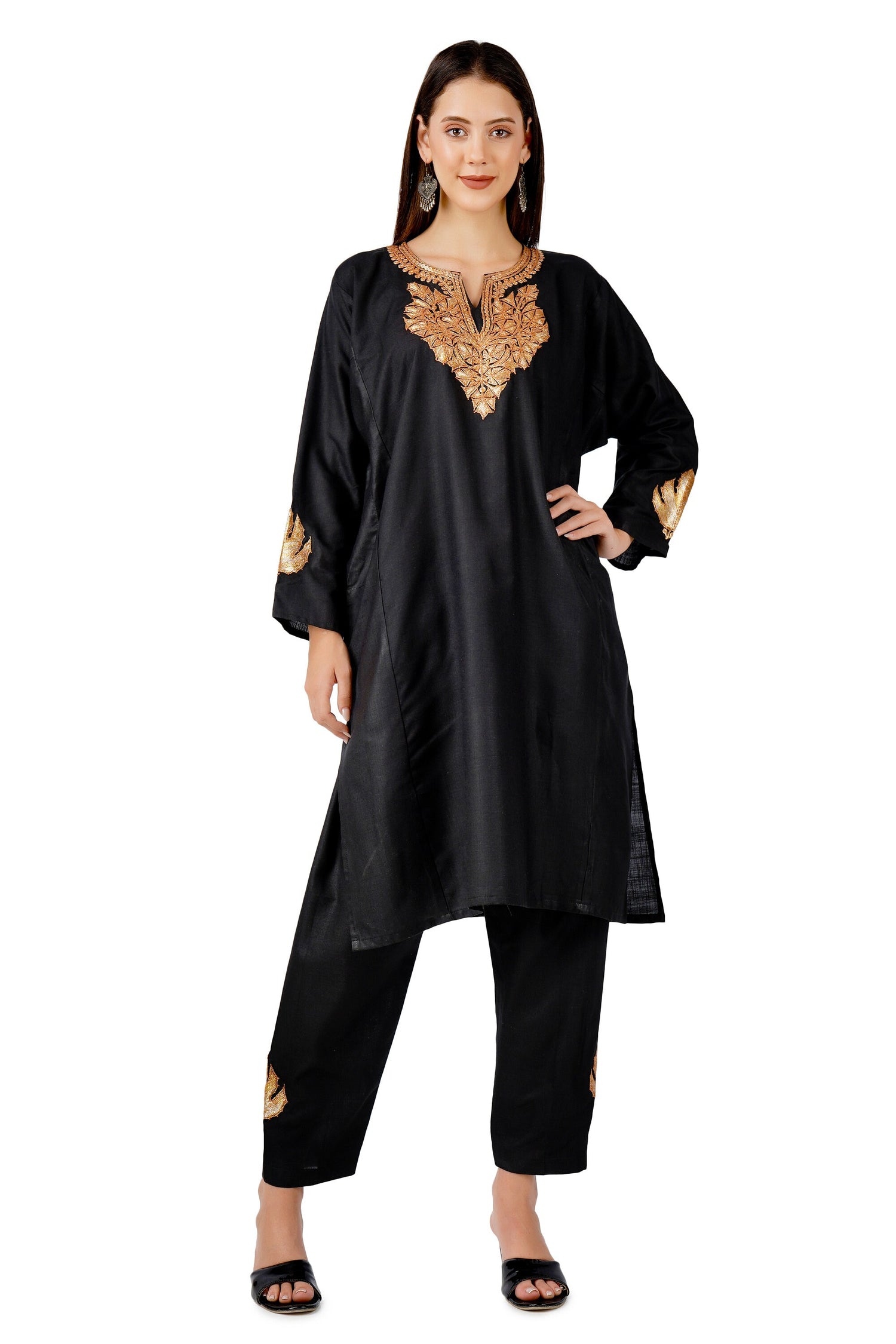 Kashmiri Tilla Embroidered Kurti with Bottom Pant, Cotton Kurti with Pant Set, Kashmiri Tilla Embroidered Kurti Pant Co-ord Set
