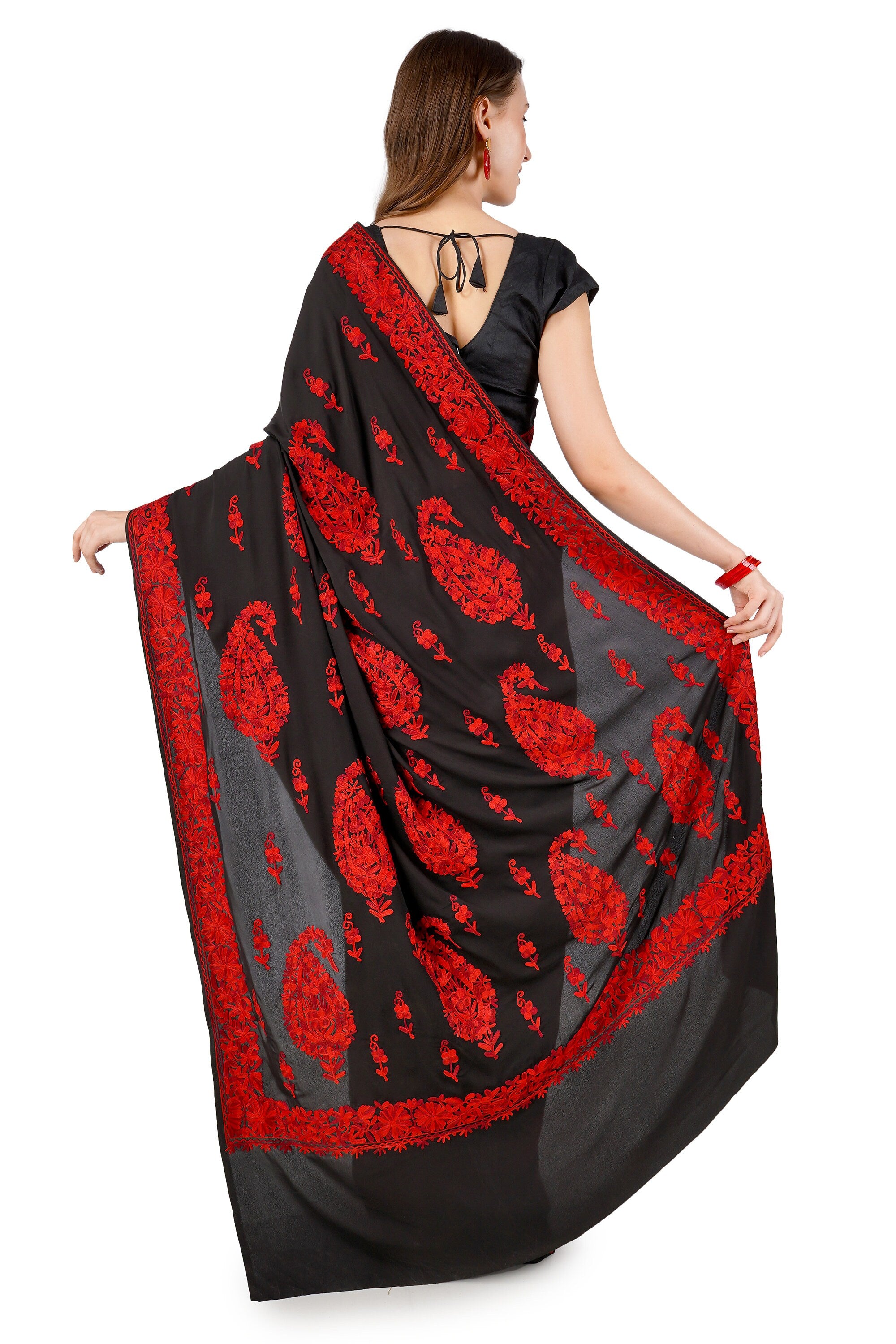 Kashmiri Aari Embroidered Crepe Silk Saree With Blouse, Kashmiri Sari, Indian Black Saree For Womens, Silk Embroidered Saree for Weddings