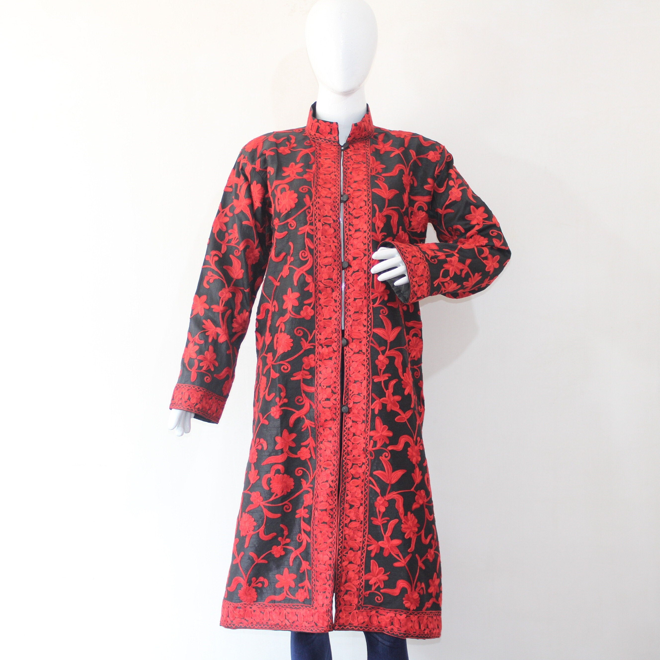 Bohemian wool Jacket - Hand-Embroidered Kashmiri Coat - Long Length winter Coat