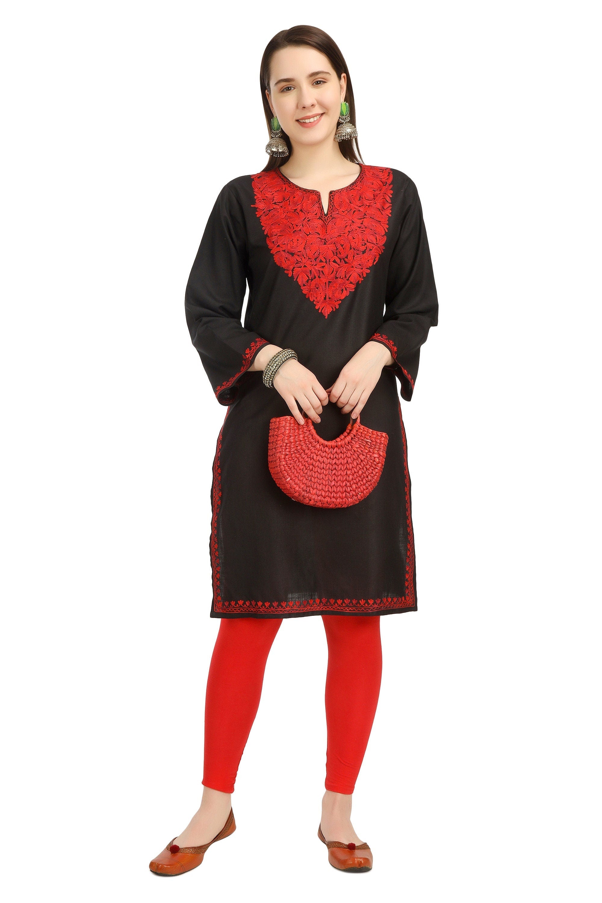Aari Embroidered Cotton Kashmiri Kurti for Women, Indian Kurtis,