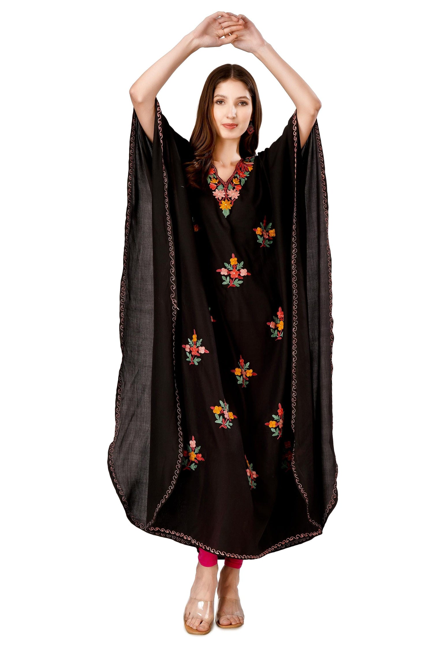 Kashmiri Aari Embroidered Cotton Kaftan for Women, Handmade Kaftan Dress for Womens , Loose Women Tunic Dress, Indian Floral Kaftan