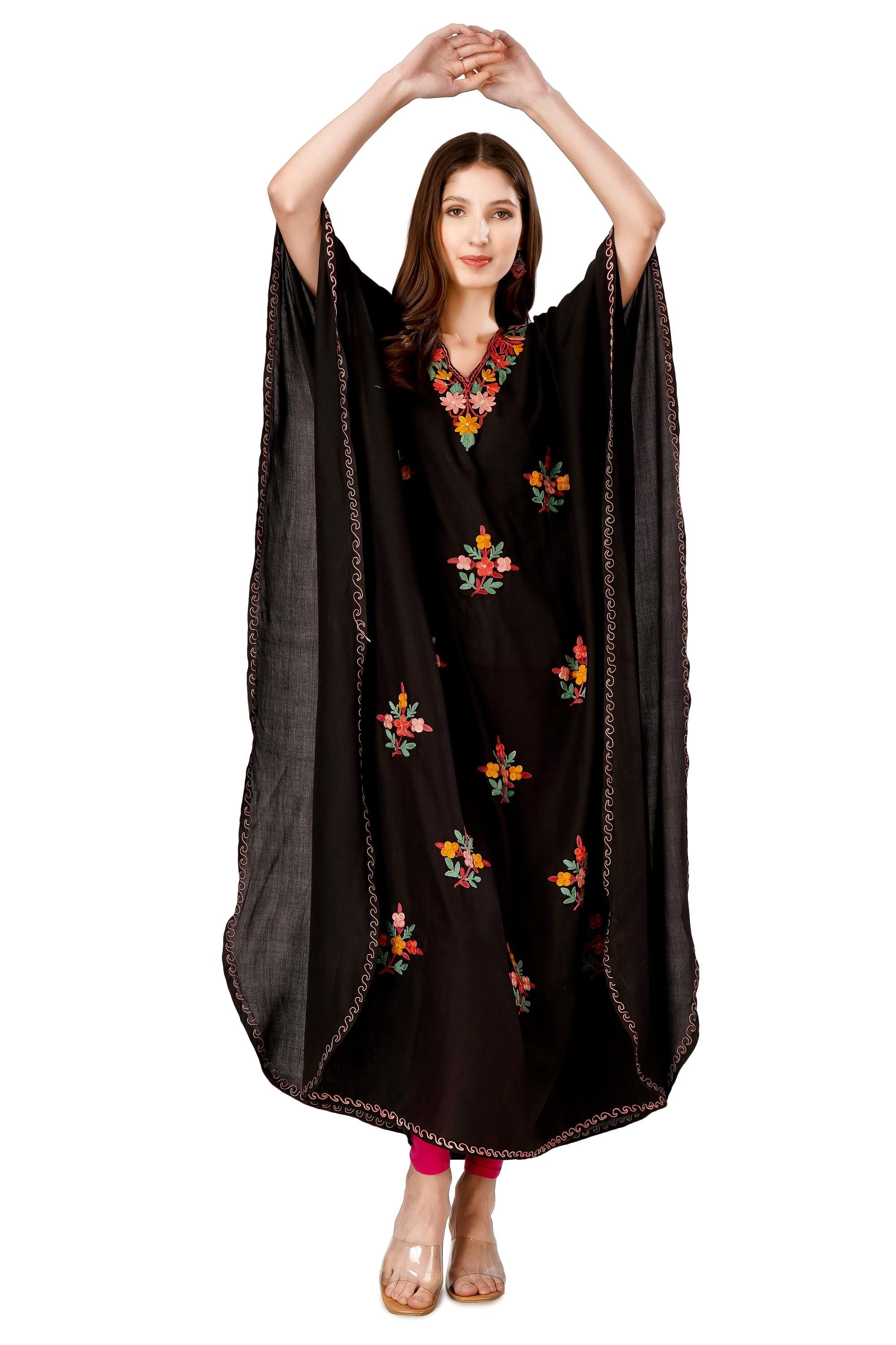 Kashmiri Aari Embroidered Cotton Kaftan for Women, Handmade Kaftan Dress for Womens , Loose Women Tunic Dress, Indian Floral Kaftan