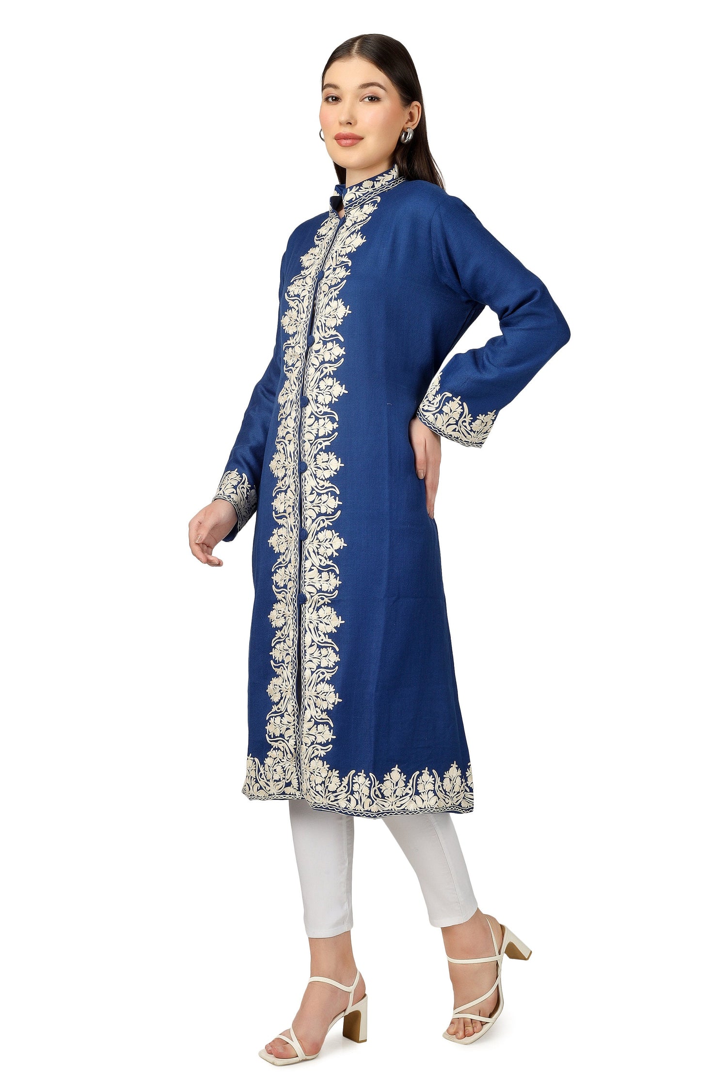 Kashmiri Embroidered Jacket, Embroidered Coat, Long Jacket, Woolen Jacket, Blue Jacket