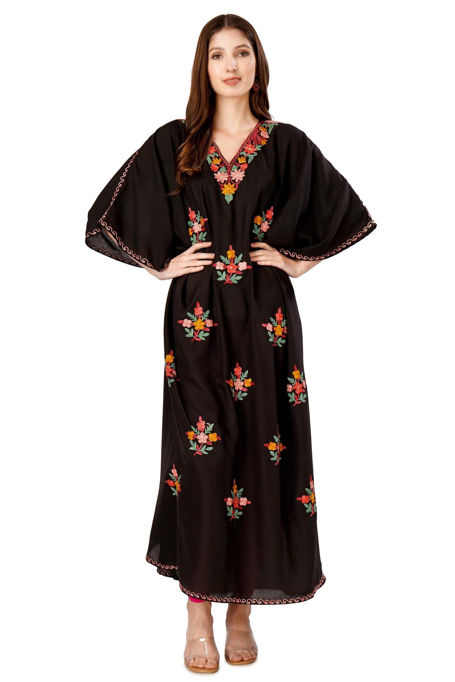 Kashmiri Aari Embroidered Cotton Kaftan for Women, Handmade Kaftan Dress for Womens , Loose Women Tunic Dress, Indian Floral Kaftan