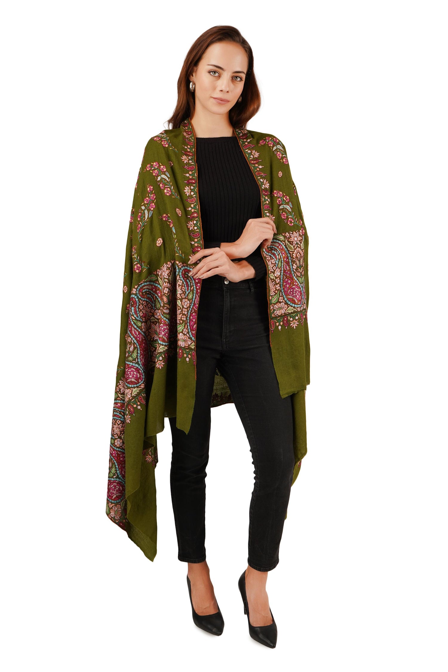 Pure Pashmina Shawl with Sozni Hand Embroidery, Paper Mache Embroidery Shawl, Handmade Green Shawl