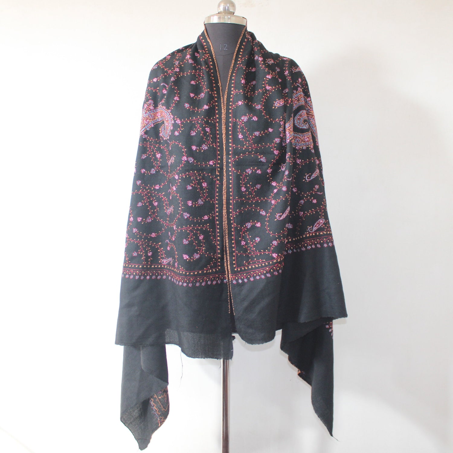 Kashmiri sozni Embroidery Shawl, Woolen embroidered shawl, Kashmiri Shawl For Women, sozni shawl, black shawl,
