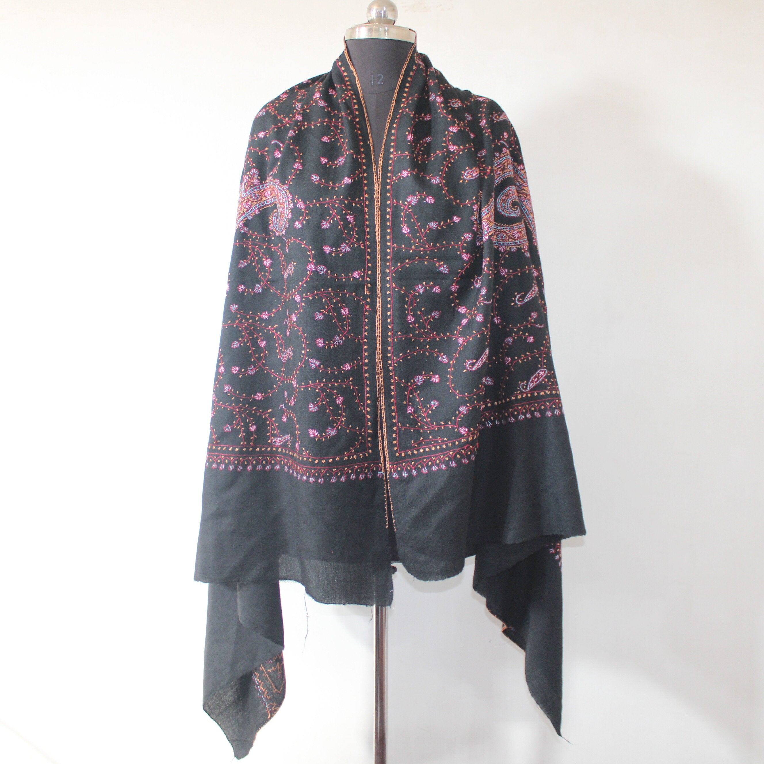 Kashmiri sozni Embroidery Shawl, Woolen embroidered shawl, Kashmiri Shawl For Women, sozni shawl, black shawl,