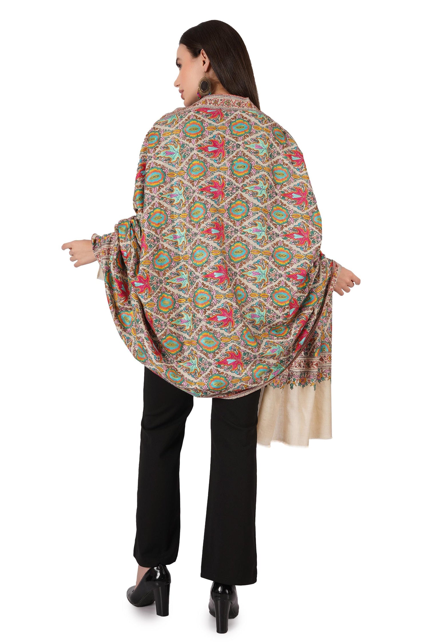 Pure Pashmina Jamawar Shawl with Sozni Hand Embroidery, Handmade Undyed Natural White, Paper Mache Embroidery Shawl