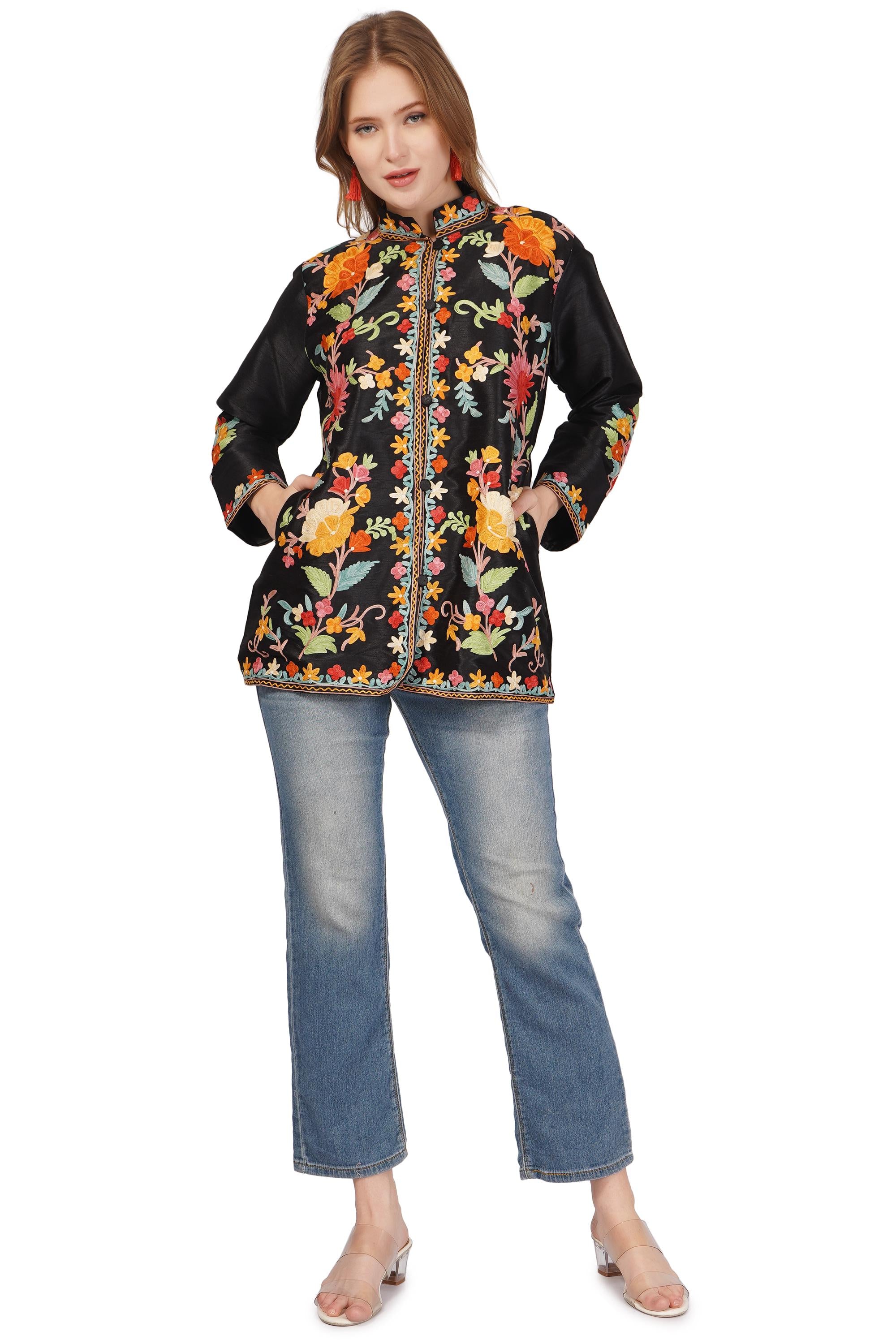 Kashmiri Jacket With Aari Embroidery, Floral Jacket With Multicolour Embroidery, Boho Coat, Short Black Jacket