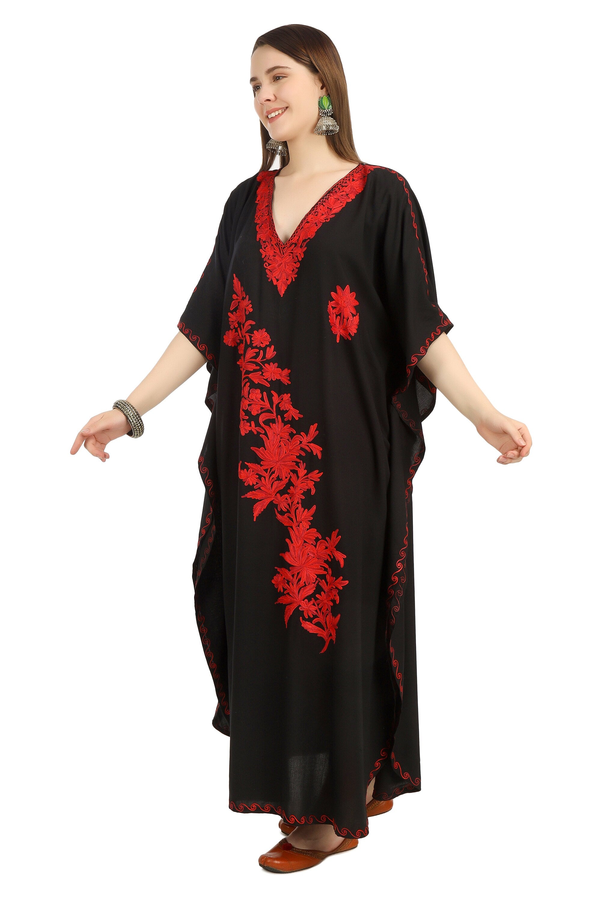 Kashmiri Aari Embroidered Cotton Kaftan for Women, Handmade Kaftan Dress for Girls, Cotton Maxi Dress for Summers