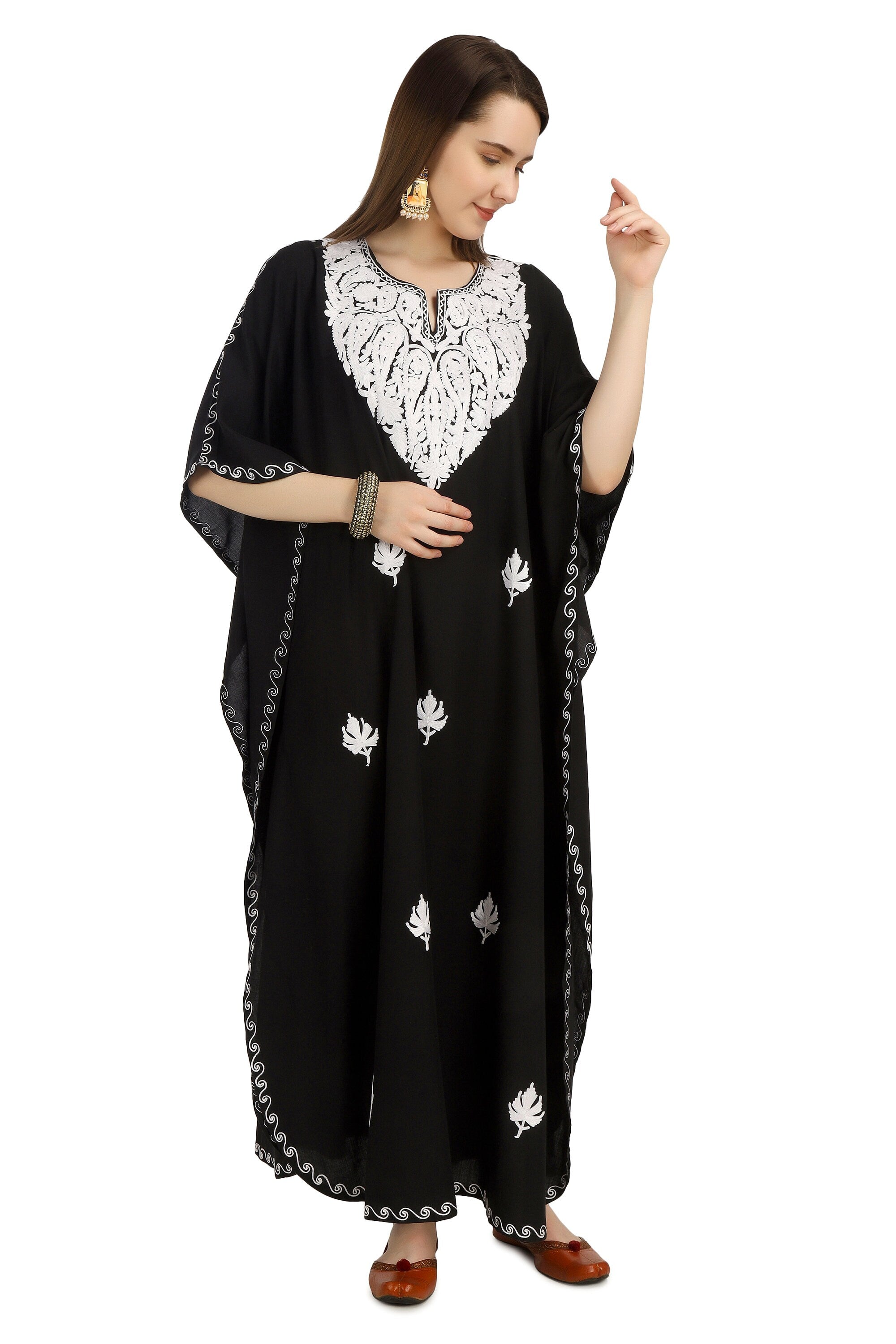 Kashmiri Aari Embroidered Cotton Kaftan for Women, Handmade Kaftan Dress for Girls, Cotton Maxi Dress for Summers