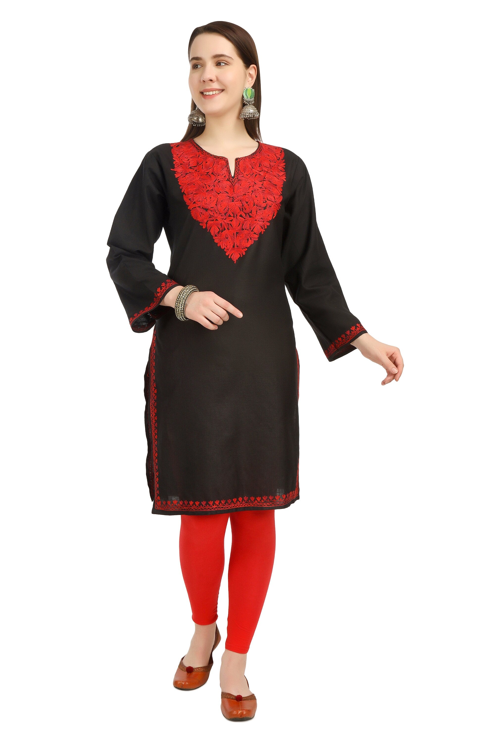 Aari Embroidered Cotton Kashmiri Kurti for Women, Indian Kurtis,