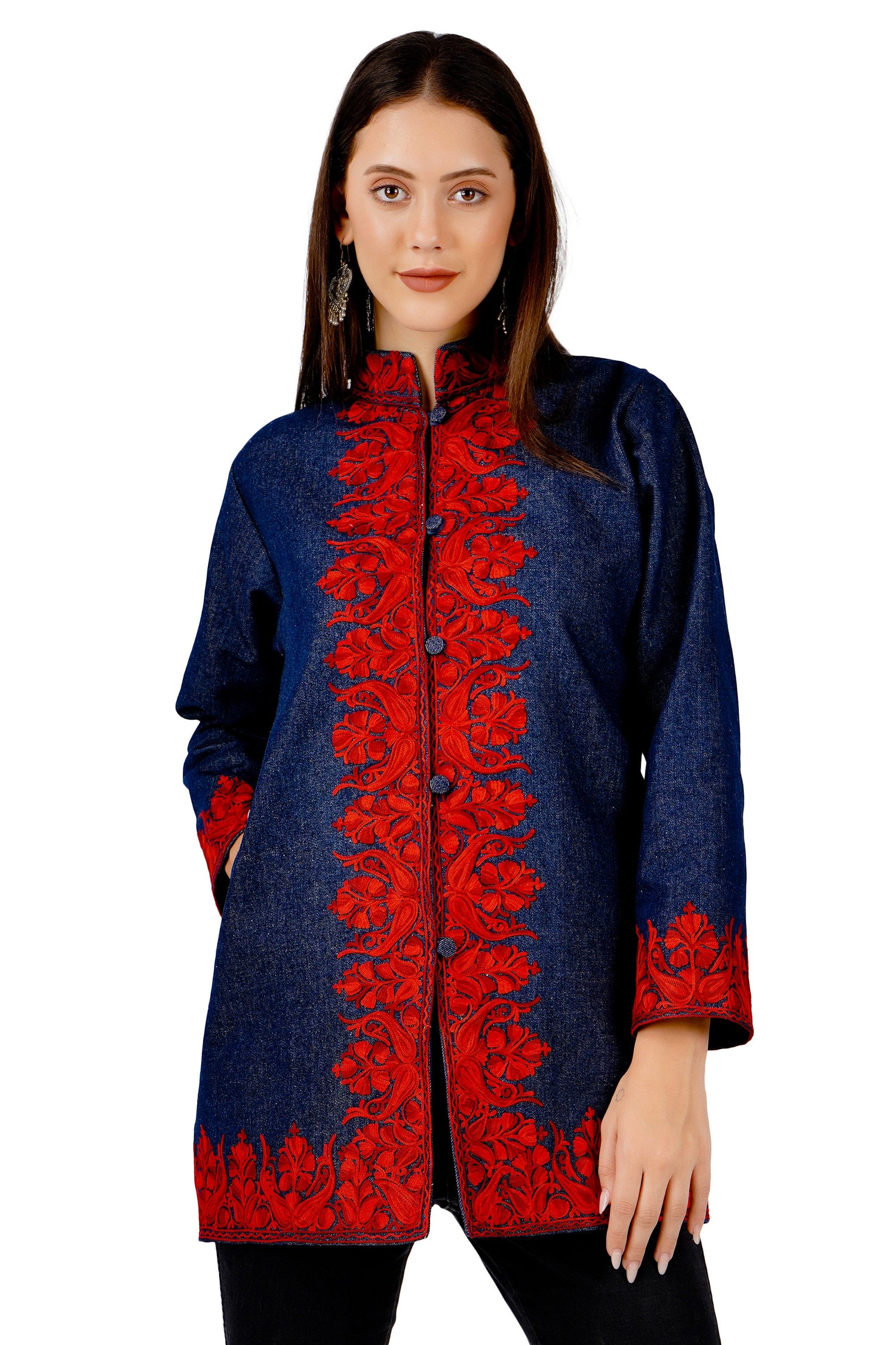 Kashmiri Aari Embroidered Denim Jacket, Short Embroidered Coat, Stylish Fusion of Culture and Trend, Jeans Jacket