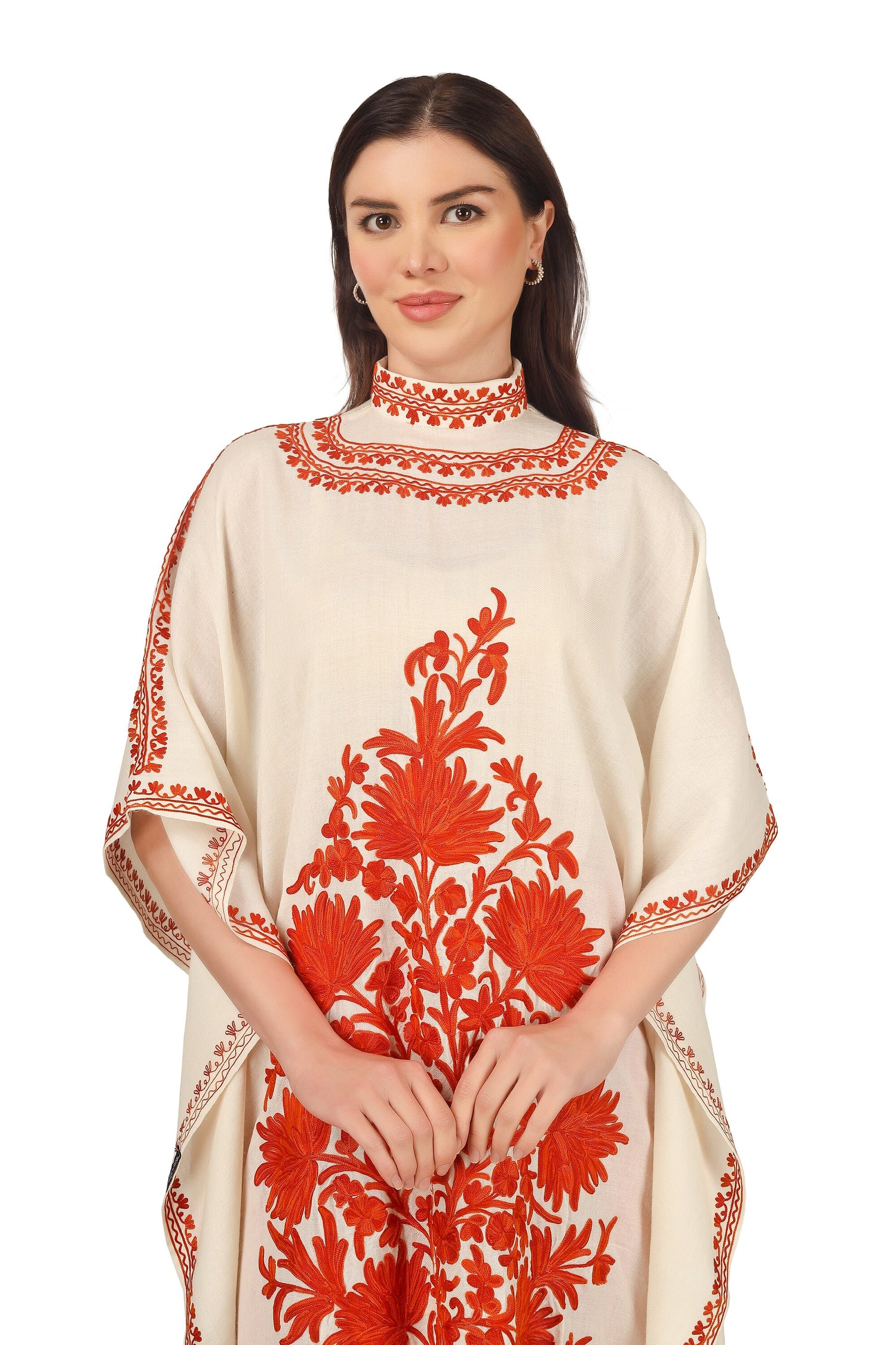 Pashmina Kaftan, Cashmere Aari Embroidered Kaftan, Kashmiri Kaftan, Women Caftan, White Kaftan,