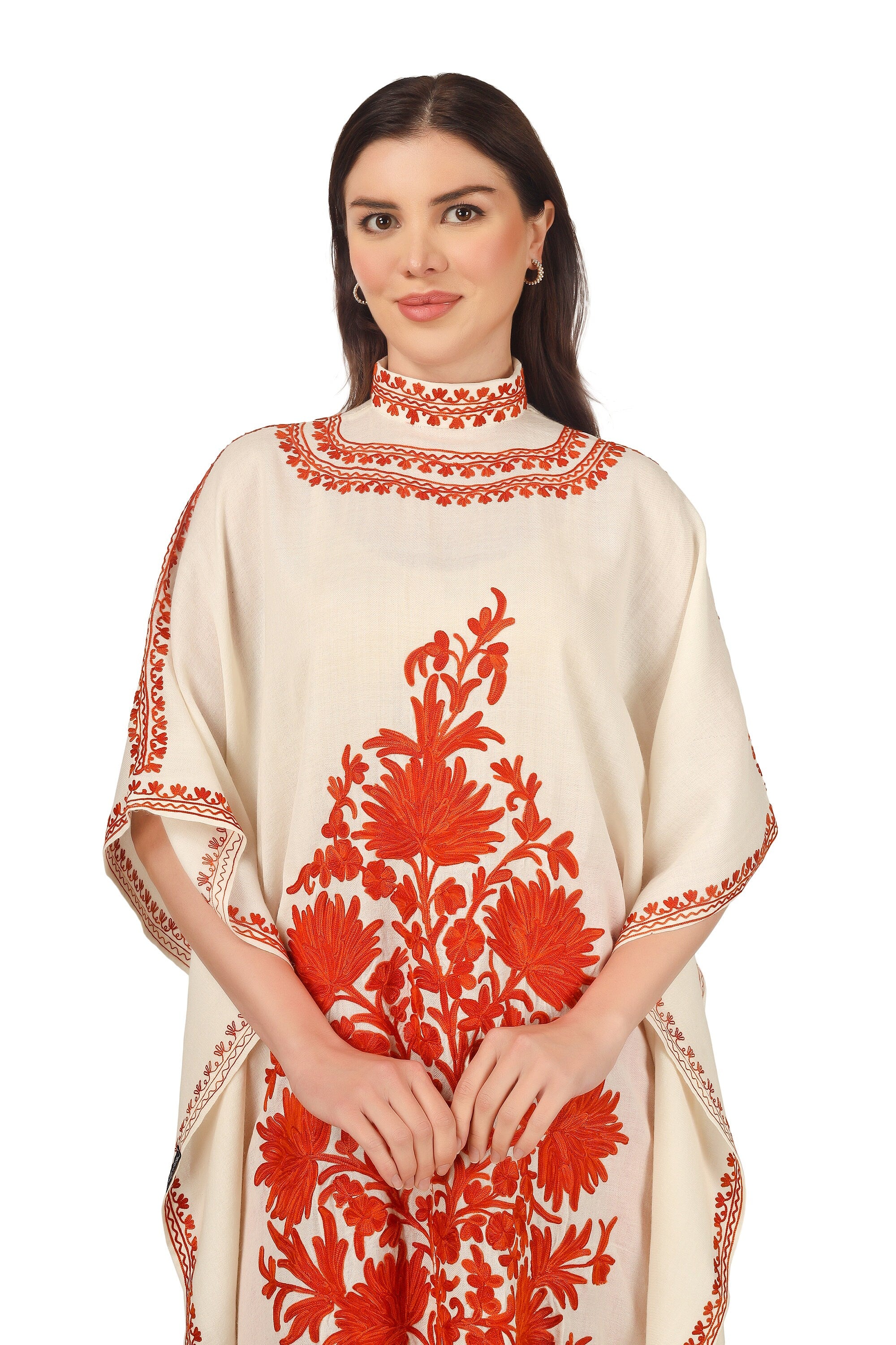 Pashmina Kaftan, Cashmere Aari Embroidered Kaftan, Kashmiri Kaftan, Women Caftan, White Kaftan,