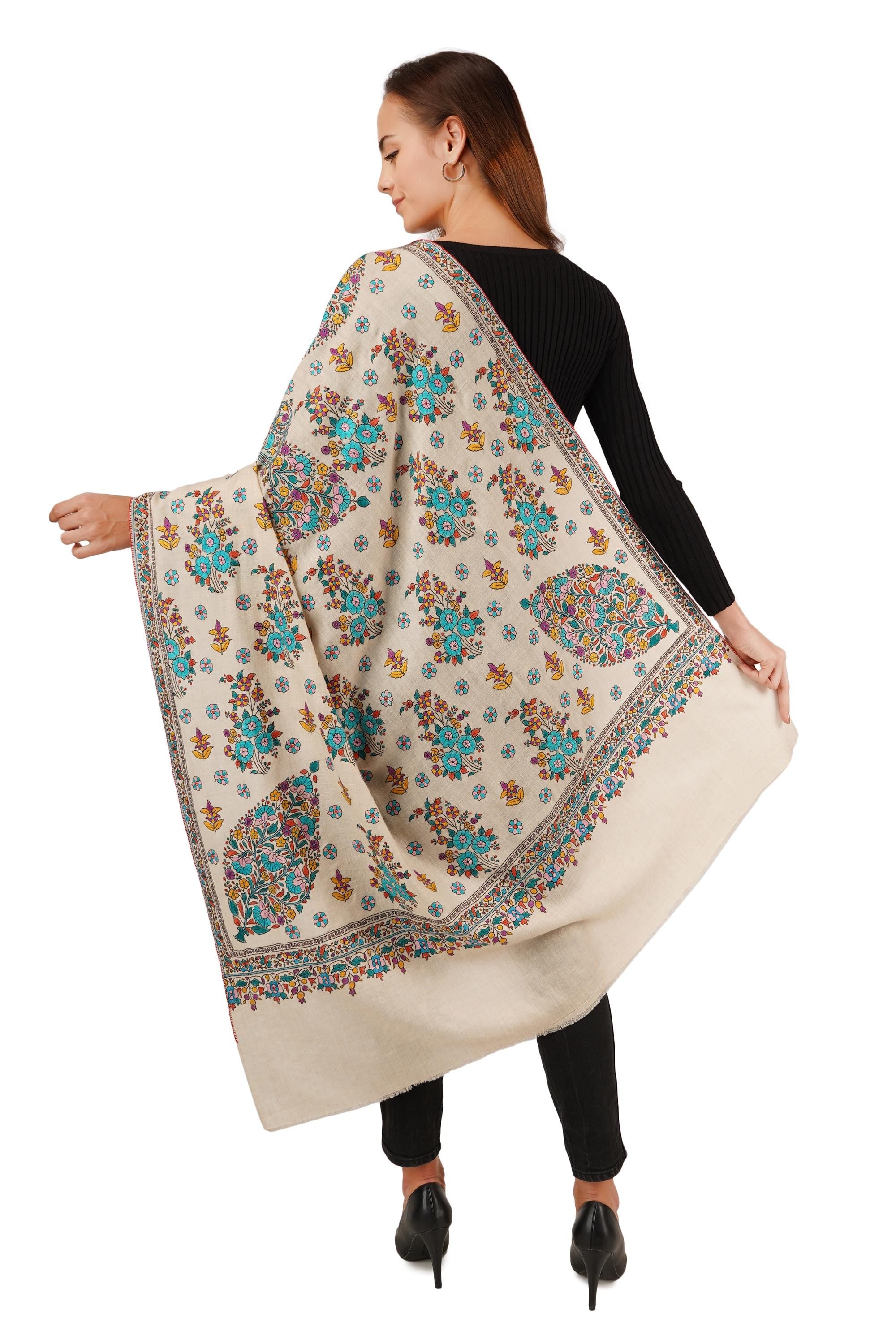 Pure Pashmina sozni handwork Embroidery Shawl, Handmade Undyed Natural White, Paper Mache Embroidery, Sozni Hand Embroidery - BATIN