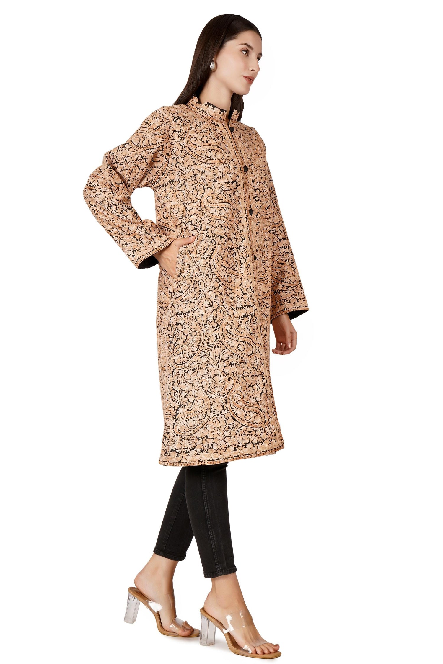 Kashmiri Jacket, Aari Embroidered Wool Jacket, Cashmere Jacket For Winter, Chain Stitch Embroidery, Long Embroidered Coat - BATIN