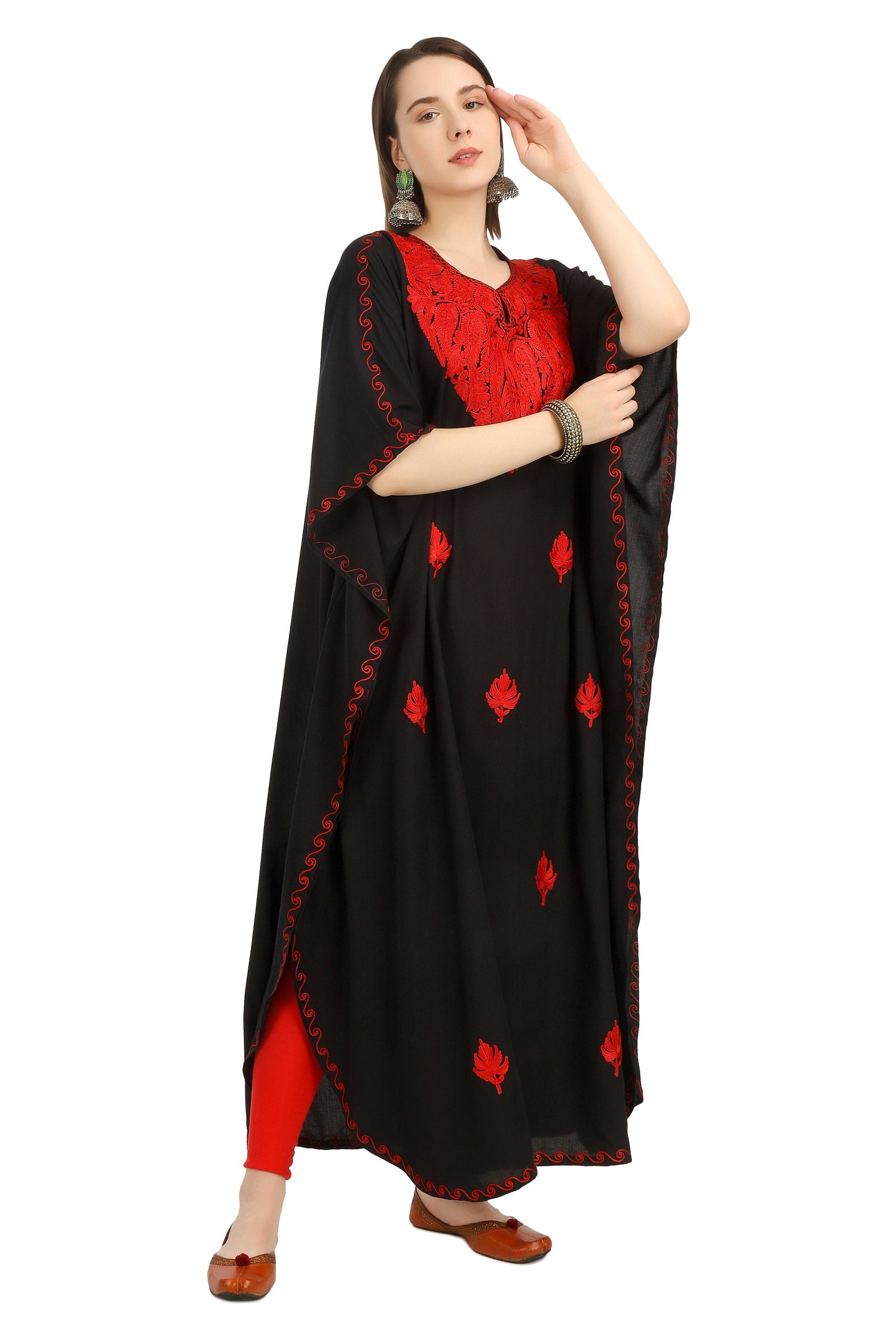 Kashmiri Aari Embroidered Cotton Kaftan for Women, Handmade Kaftan Dress for Girls, Cotton Maxi Dress for Summers