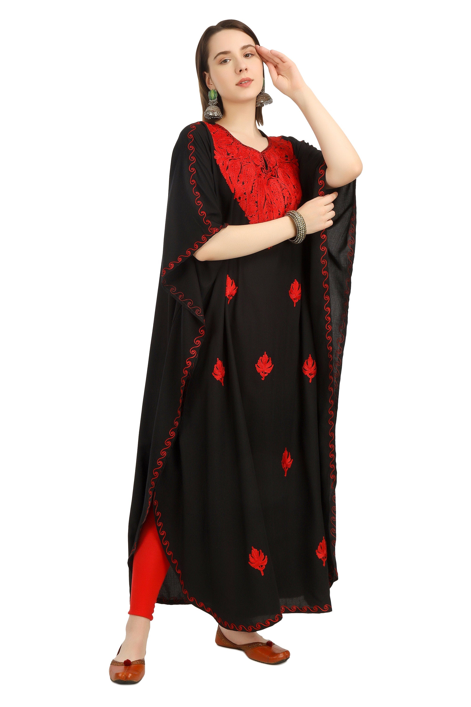 Kashmiri Aari Embroidered Cotton Kaftan for Women, Handmade Kaftan Dress for Girls, Cotton Maxi Dress for Summers