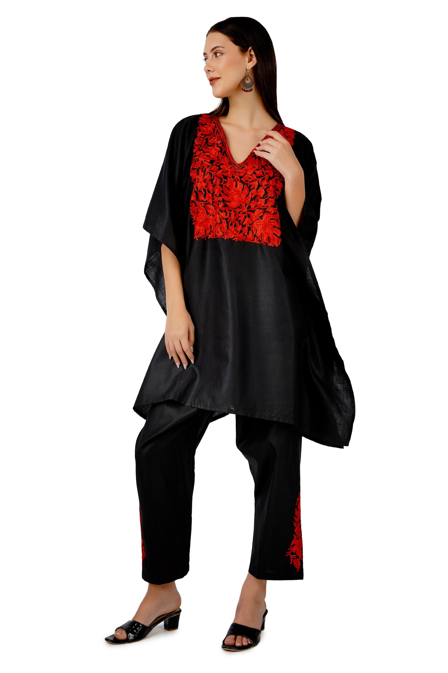 Kashmiri Aari Embroidered Cotton Co-Ord Set, Embroidered Kaftan Top and Pant, Women&