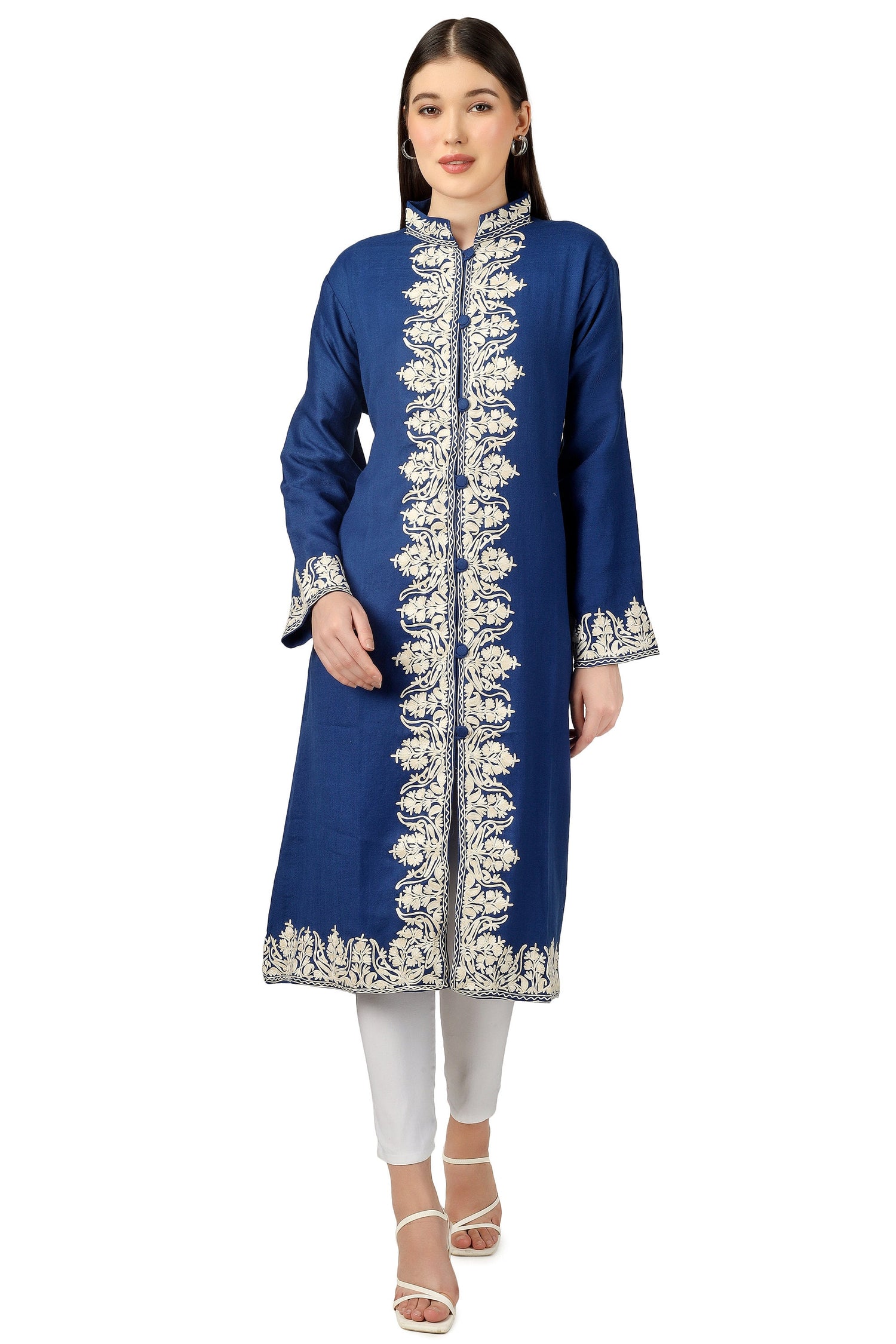 Kashmiri Embroidered Jacket, Embroidered Coat, Long Jacket, Woolen Jacket, Blue Jacket