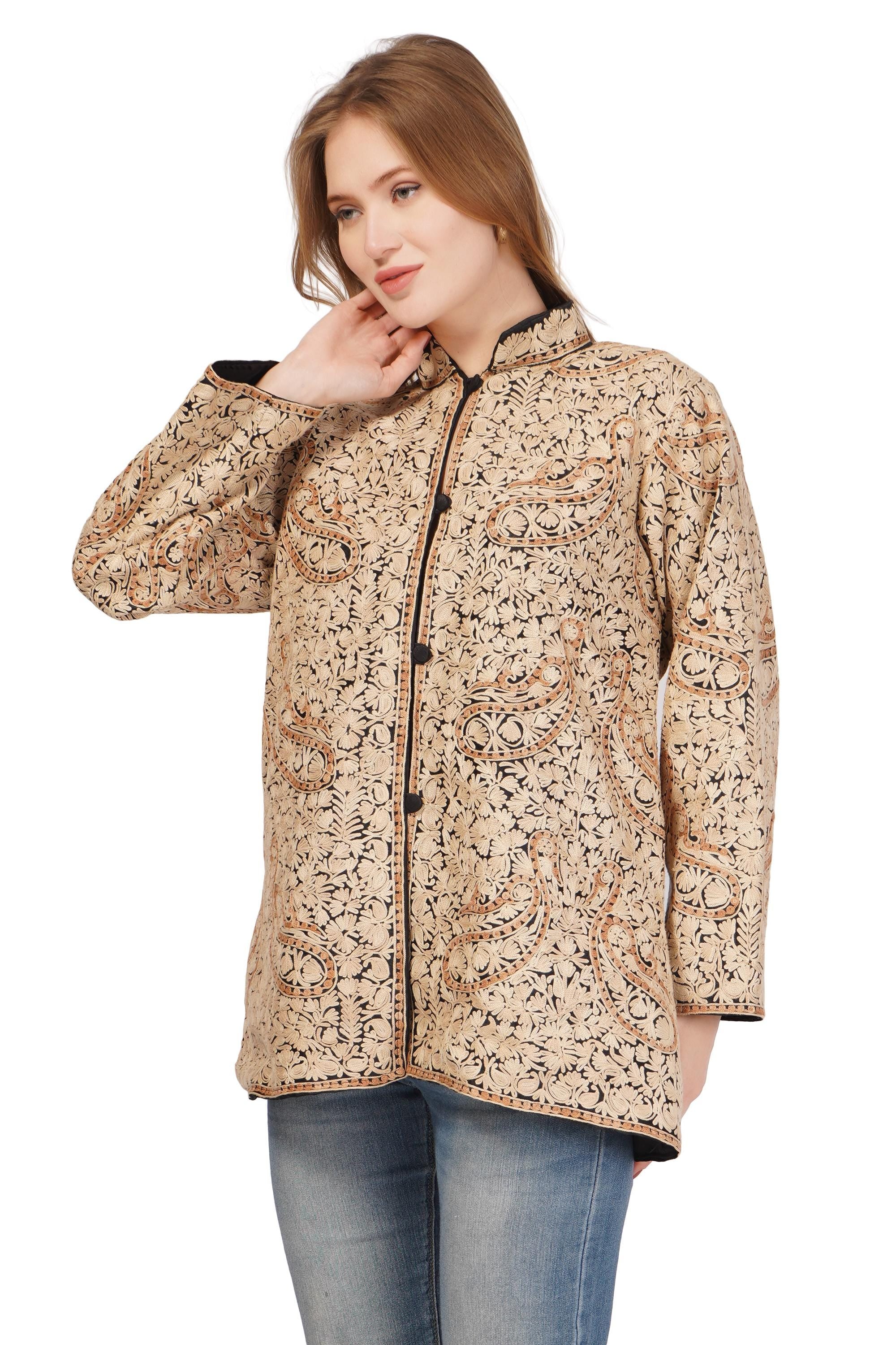 Kashmiri Bohemian Jacket, Short Embroidered Silk Coat, Ethnic Winter Outerwear, Handcrafted Fashion, Wool Jacket For Women