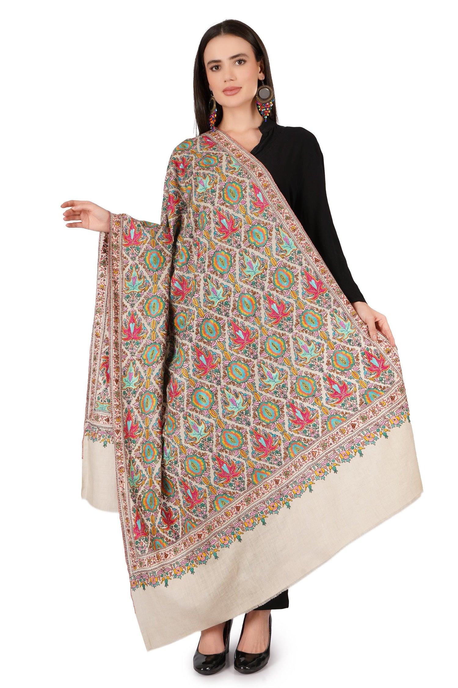 Pure Pashmina Jamawar Shawl with Sozni Hand Embroidery, Handmade Undyed Natural White, Paper Mache Embroidery Shawl