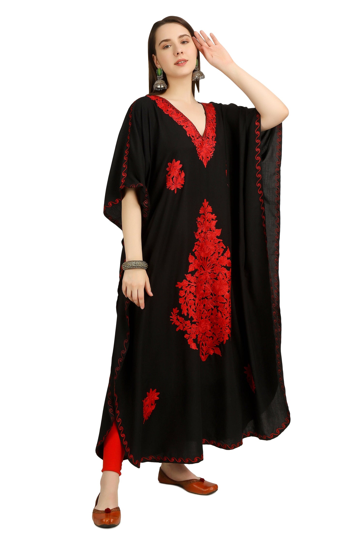 Kashmiri Aari Embroidered Cotton Kaftan for Women, Handmade Kaftan Dress for Girls, Cotton Maxi Dress for Summers