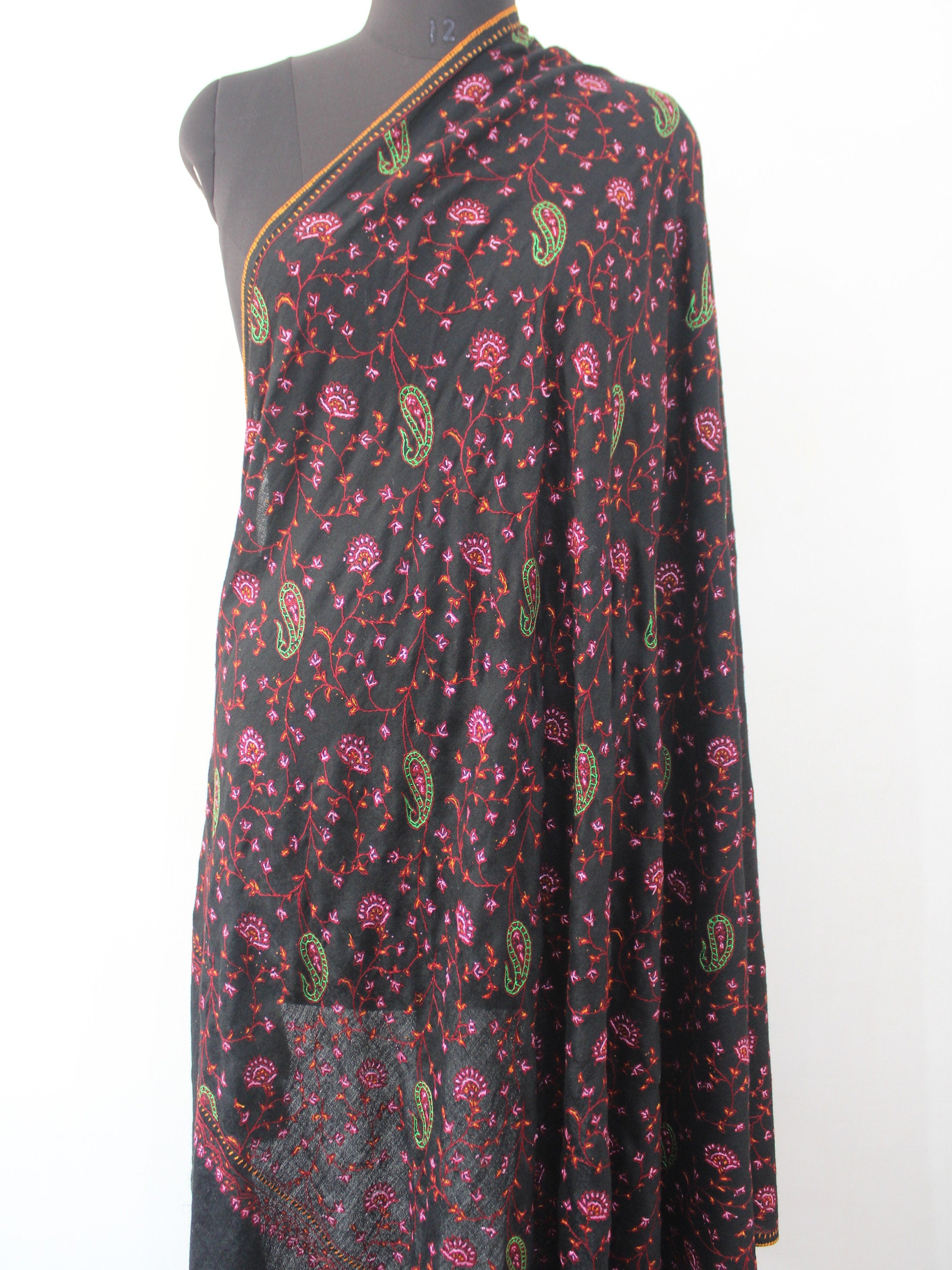 Black Merino Wool Shawl with Sozni Handwork, Kashmiri Shawl, Perfect Gift Idea