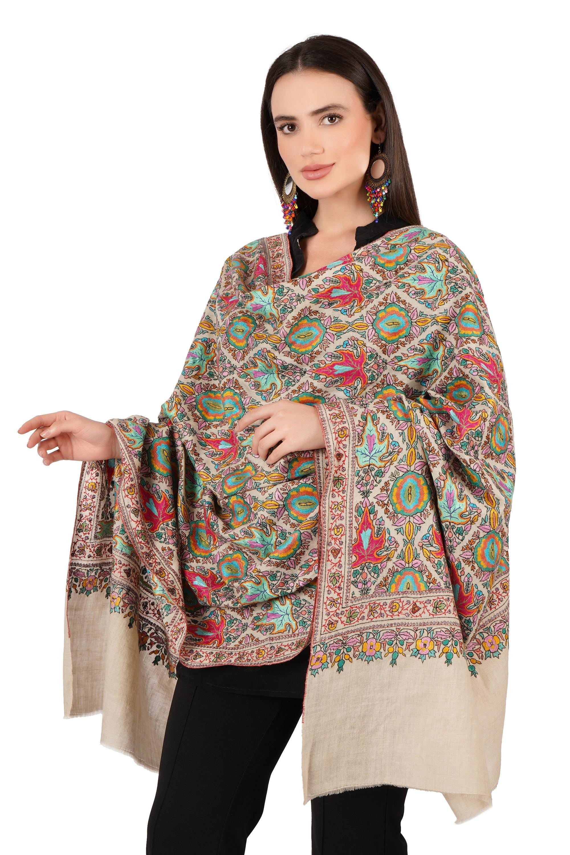 Pure Pashmina Jamawar Shawl with Sozni Hand Embroidery, Handmade Undyed Natural White, Paper Mache Embroidery Shawl
