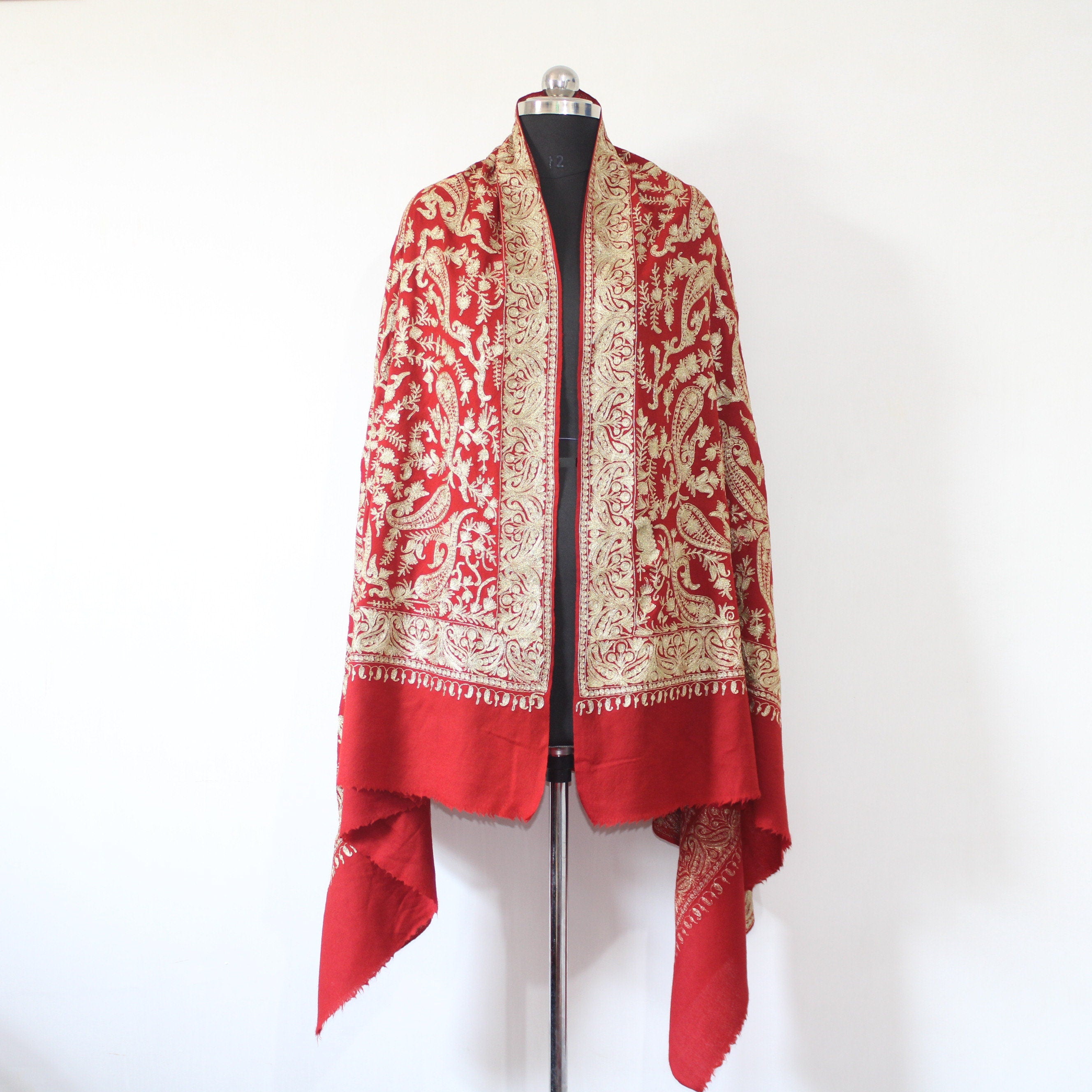 Bridal Embroidered Shawl, Kashmiri Tilla Shawl For Women, Indian Wedding Shawl, Bridal Cover Up Wrap, Zari Embroidered Cashmere Shawl