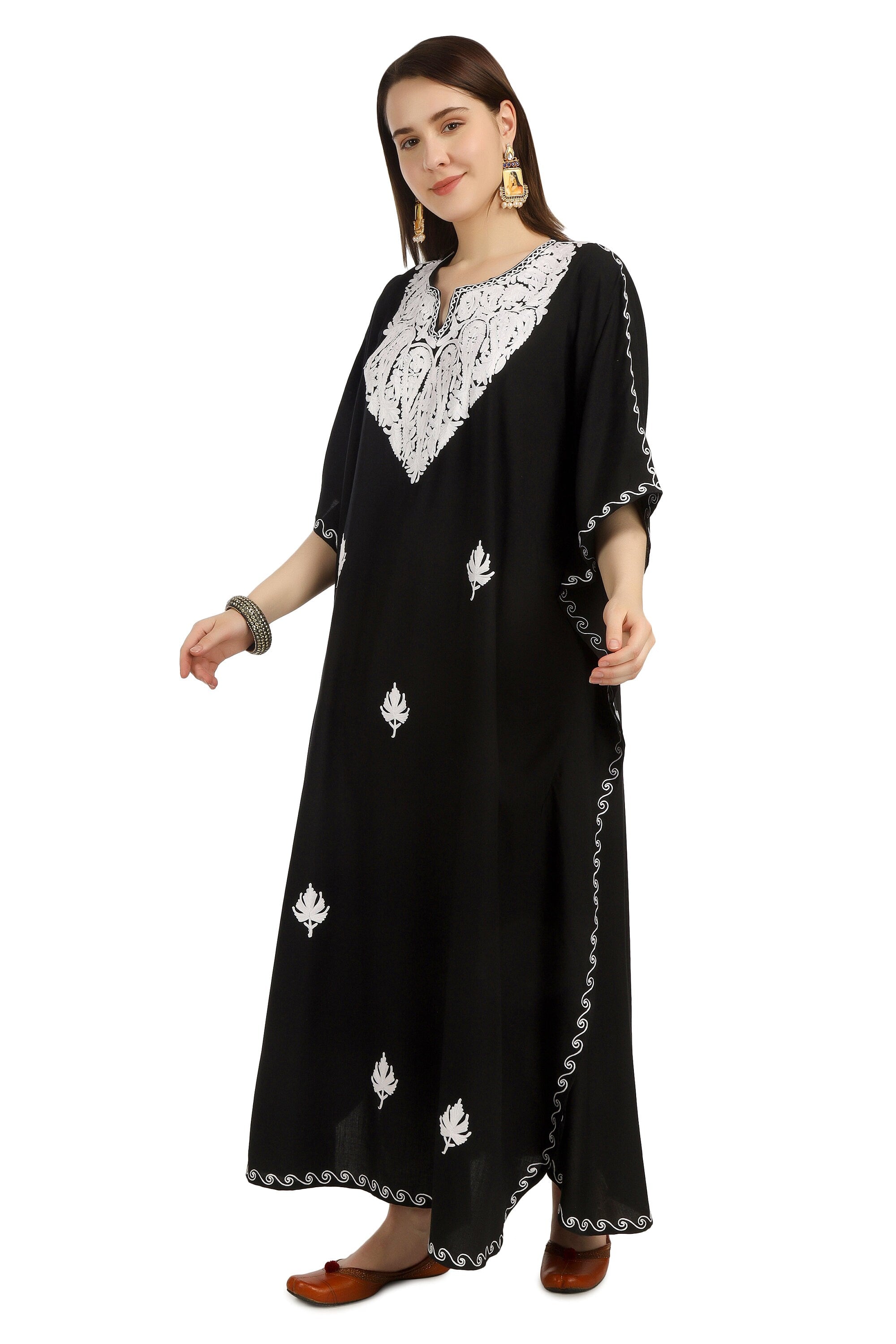 Kashmiri Aari Embroidered Cotton Kaftan for Women, Handmade Kaftan Dress for Girls, Cotton Maxi Dress for Summers