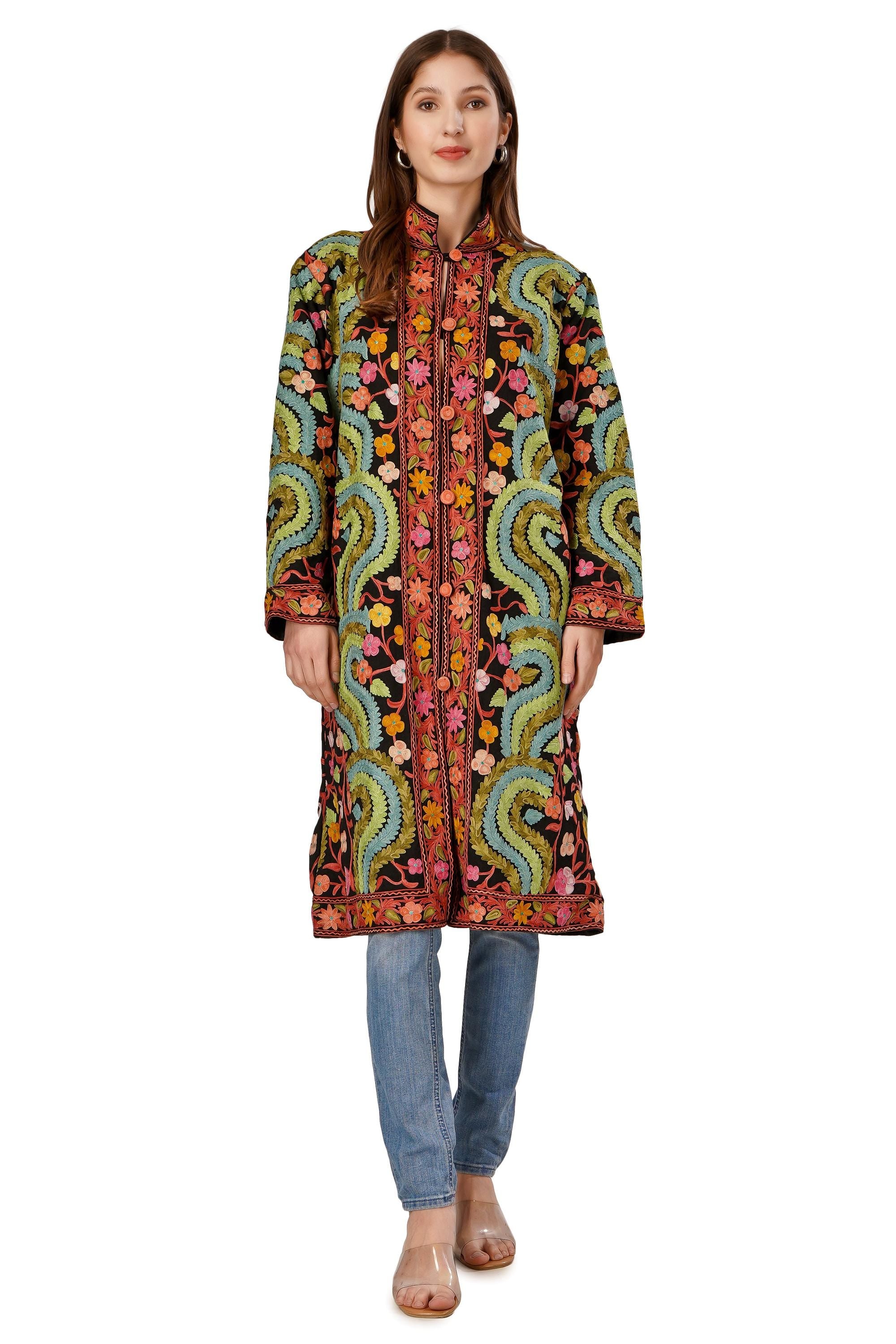 Kashmiri Jacket, Embroidered Silk Jacket, Long Length Coat, Bohemian Jacket, Embroidered Jacket, Long Embroidered Coat, Wool Winter Jacket