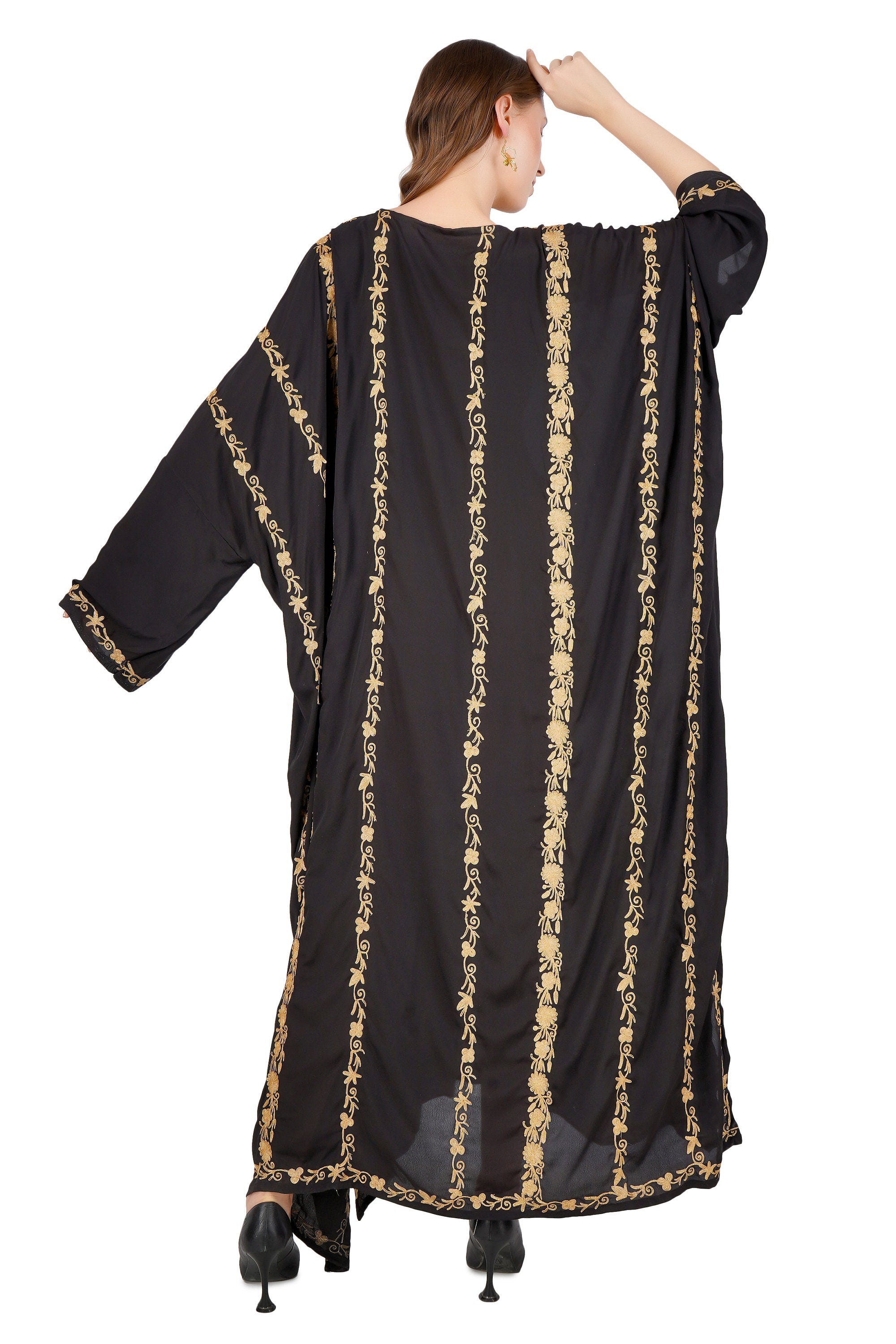 Kashmiri Zari Embroidered Crepe Silk Kaftan, Moroccan Caftan with Gold Embroidery, Long Length Kashmiri Tilla Embroidered Kaftan