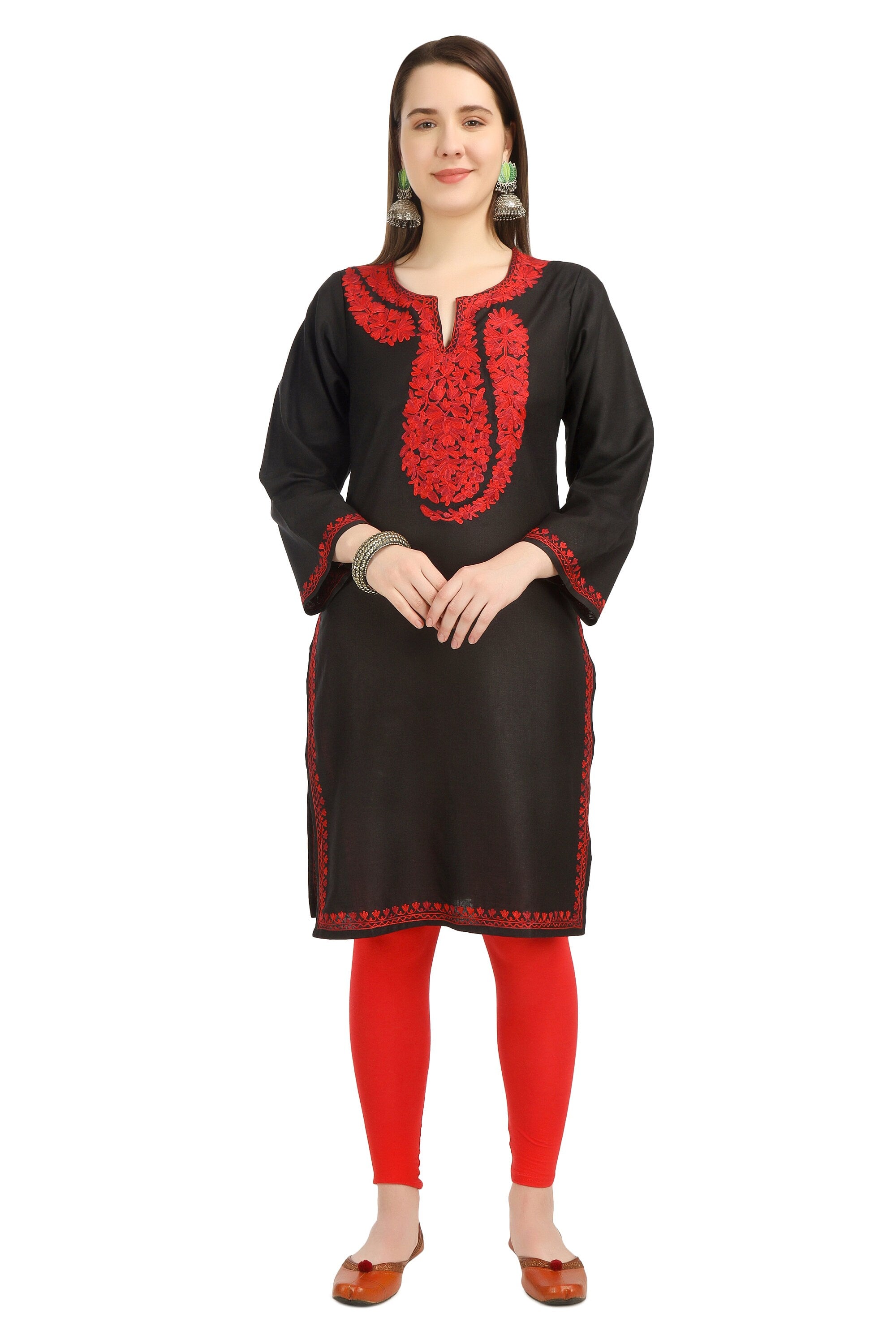 Aari Embroidered Cotton Kashmiri Kurti for Women, Indian Kurtis,