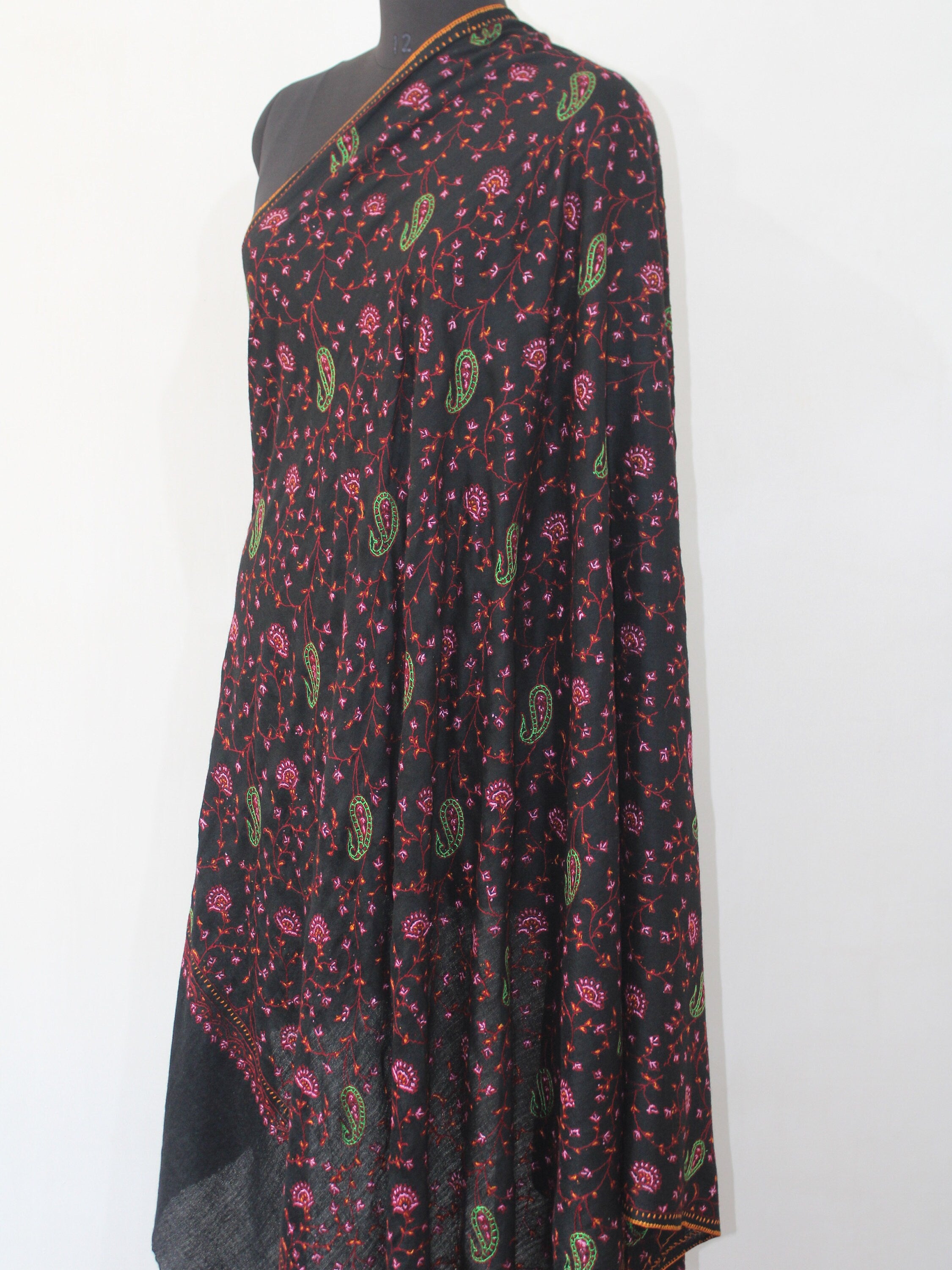 Black Merino Wool Shawl with Sozni Handwork, Kashmiri Shawl, Perfect Gift Idea