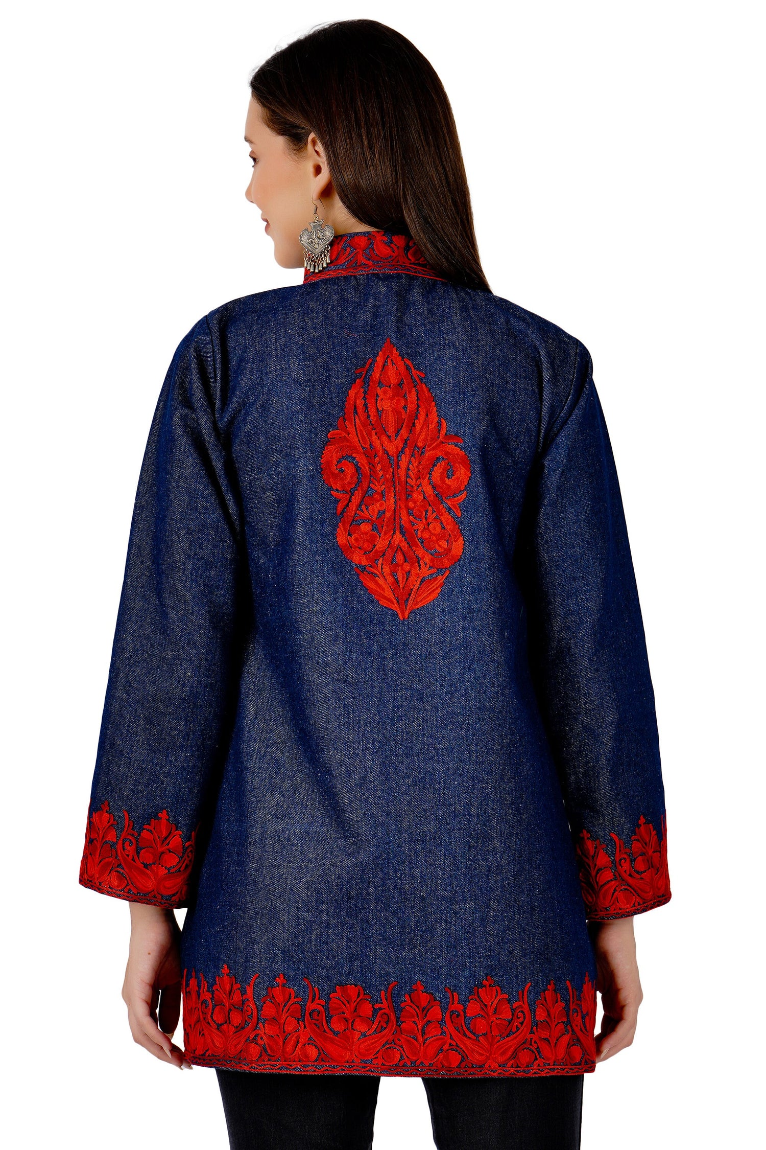 Kashmiri Aari Embroidered Denim Jacket, Short Embroidered Coat, Stylish Fusion of Culture and Trend, Jeans Jacket