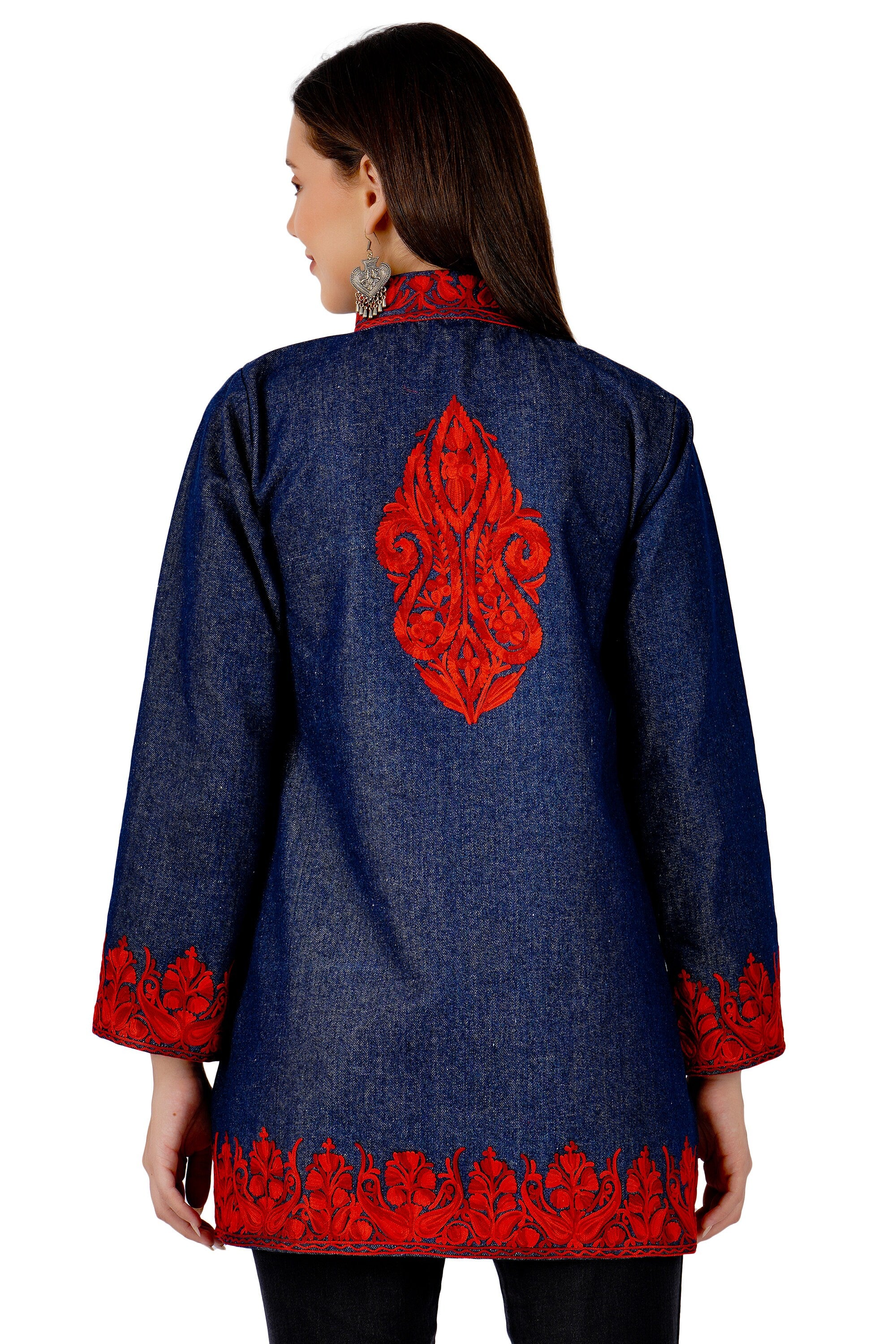 Kashmiri Aari Embroidered Denim Jacket, Short Embroidered Coat, Stylish Fusion of Culture and Trend, Jeans Jacket