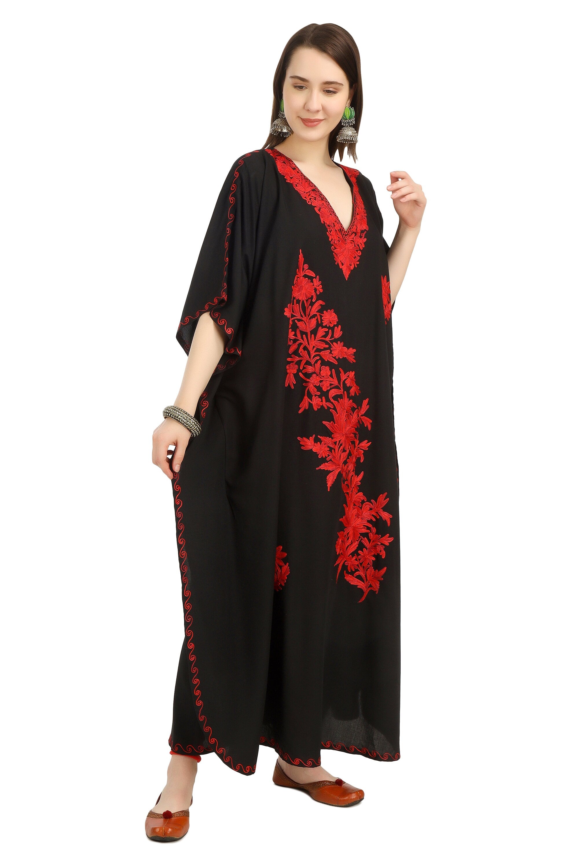 Kashmiri Aari Embroidered Cotton Kaftan for Women, Handmade Kaftan Dress for Girls, Cotton Maxi Dress for Summers