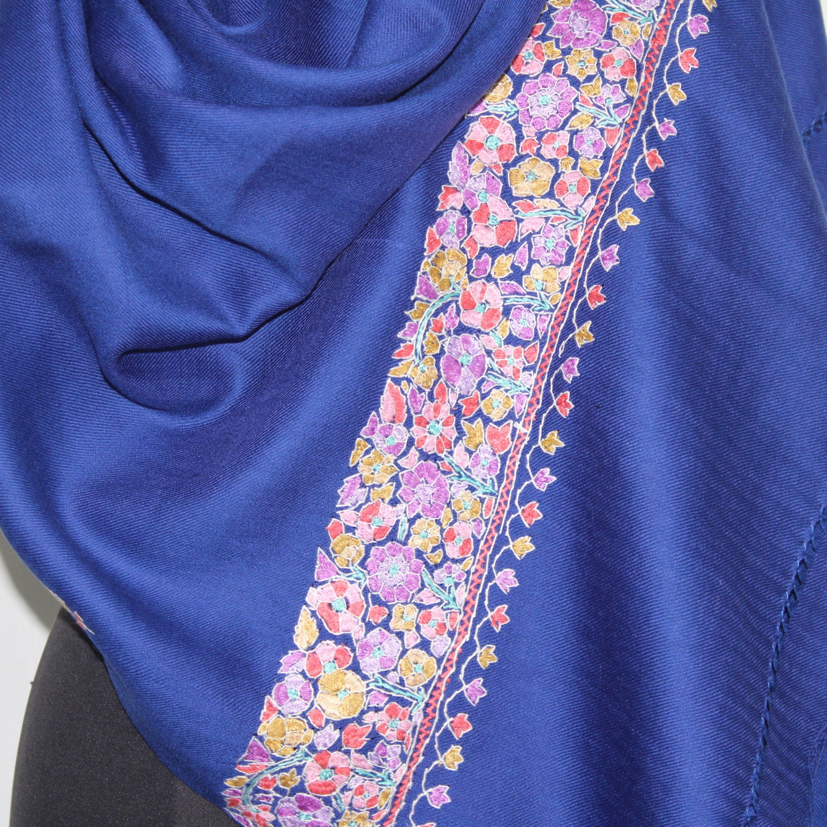 Handmade Kashmiri Paper Mache Embroidered Woolen Scarf in Blue - 70cm x 200cm - BATIN