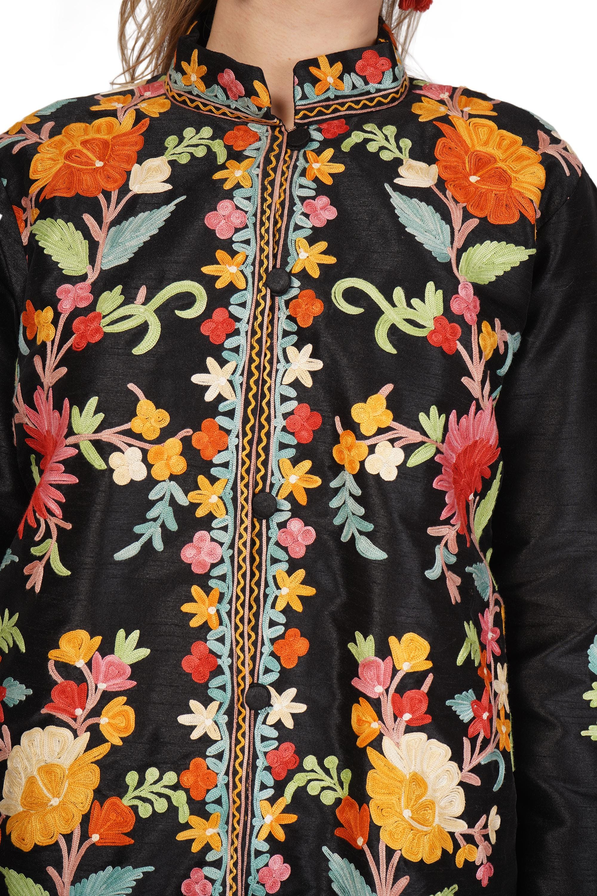 Kashmiri Jacket With Aari Embroidery, Floral Jacket With Multicolour Embroidery, Boho Coat, Short Black Jacket