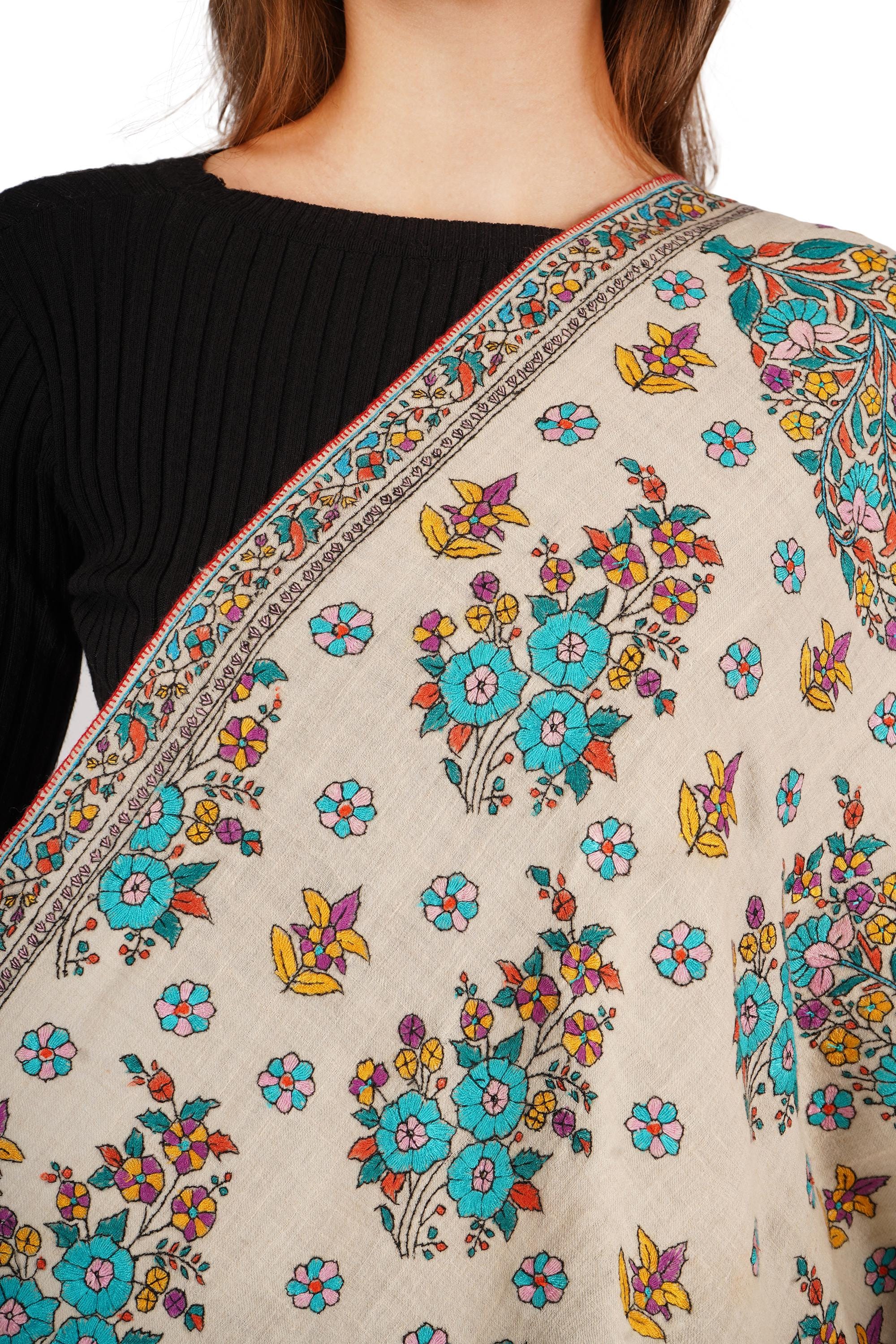 Pure Pashmina sozni handwork Embroidery Shawl, Handmade Undyed Natural White, Paper Mache Embroidery, Sozni Hand Embroidery - BATIN