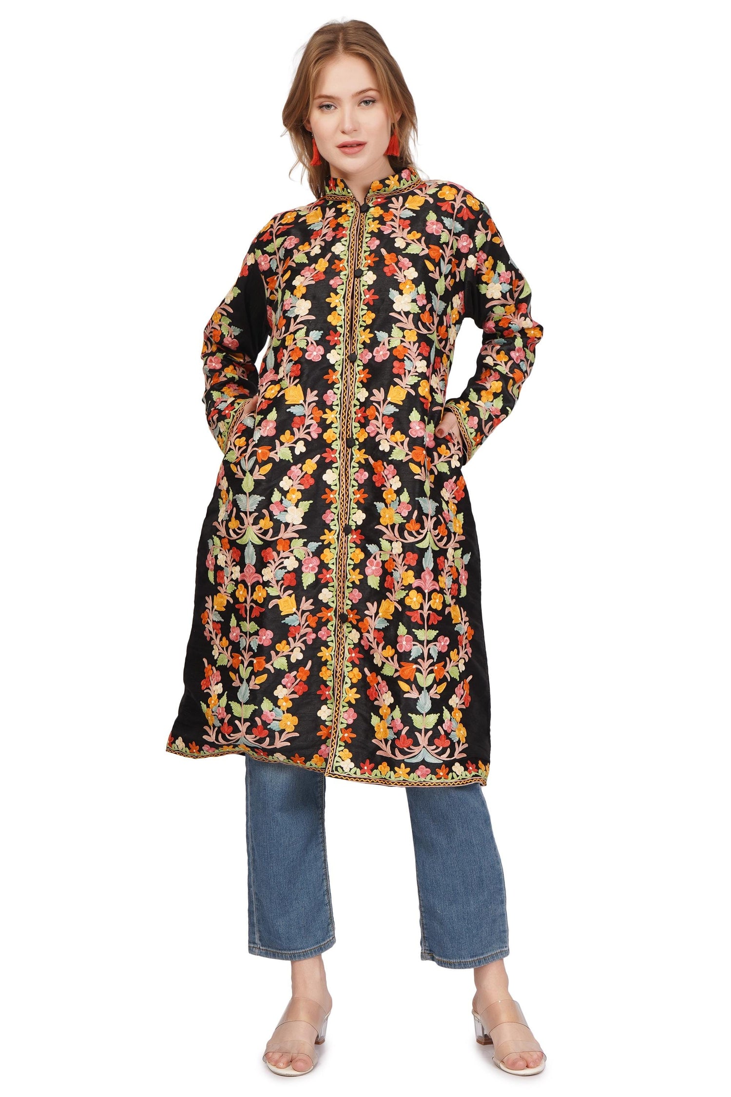 Kashmiri Jacket, Embroidered Silk Jacket, Long Length Coat, Bohemian Jacket, Embroidered Jacket, Long Embroidered Coat, Silk Summer Jacket