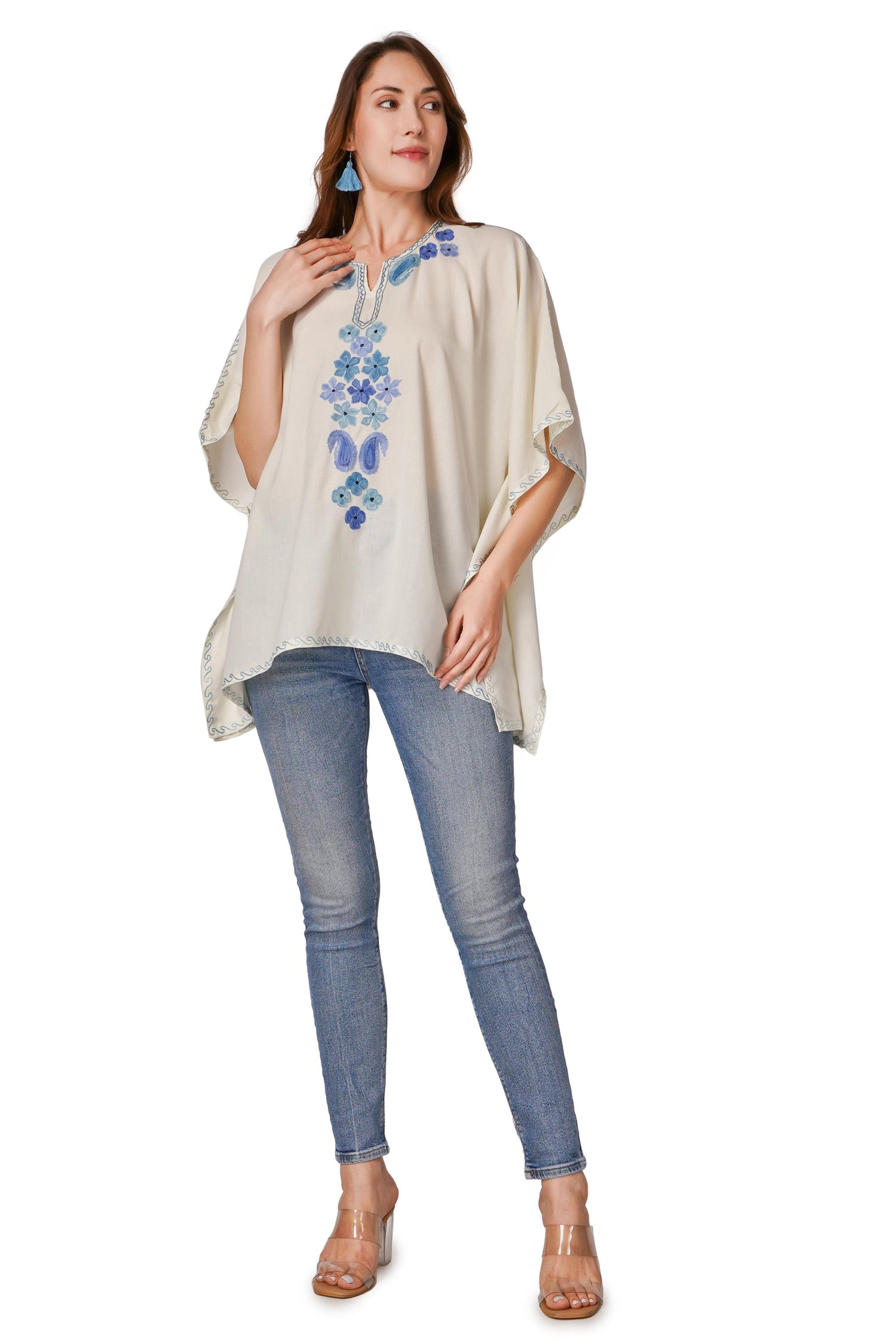 Kashmiri Aari Embroidered Womens Kaftan Kurti, Embroidered Cotton Kaftan Regular Fit Top, Short Kurti For Summer (Free Size)