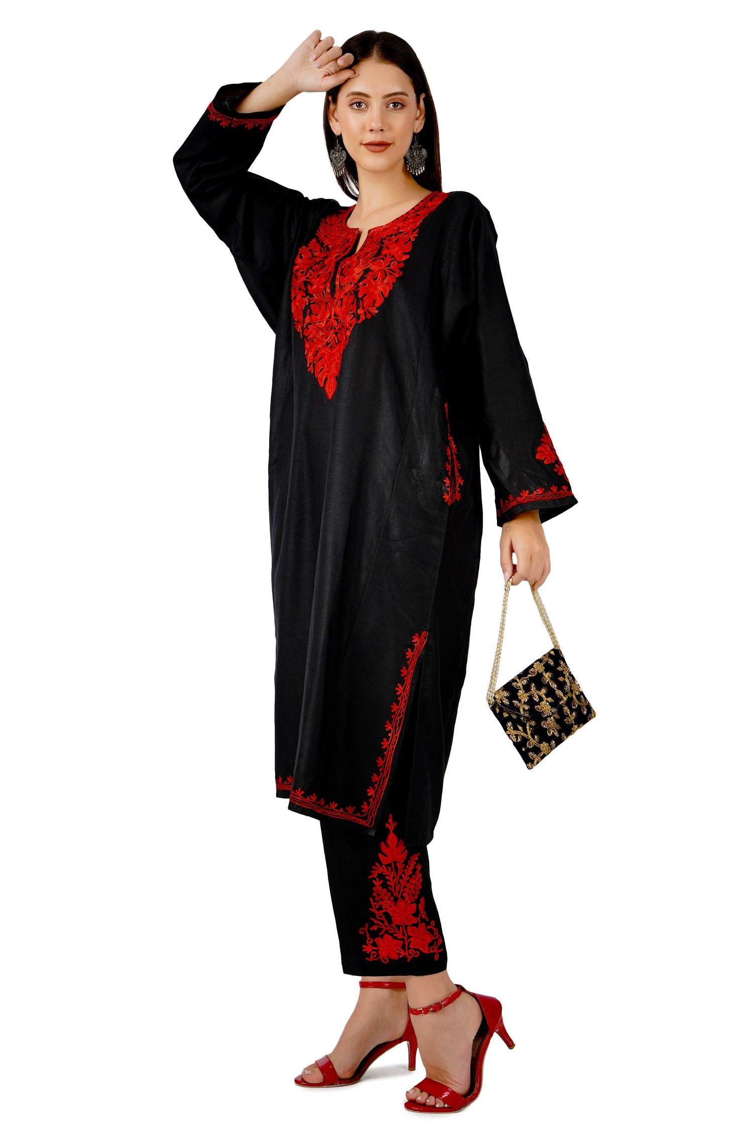 Kashmiri Aari Embroidered Kurti with Bottom Pant, Cotton Kurti with Pant Set, Kashmiri Aari Embroidered Kurti Pant Co-ord Set