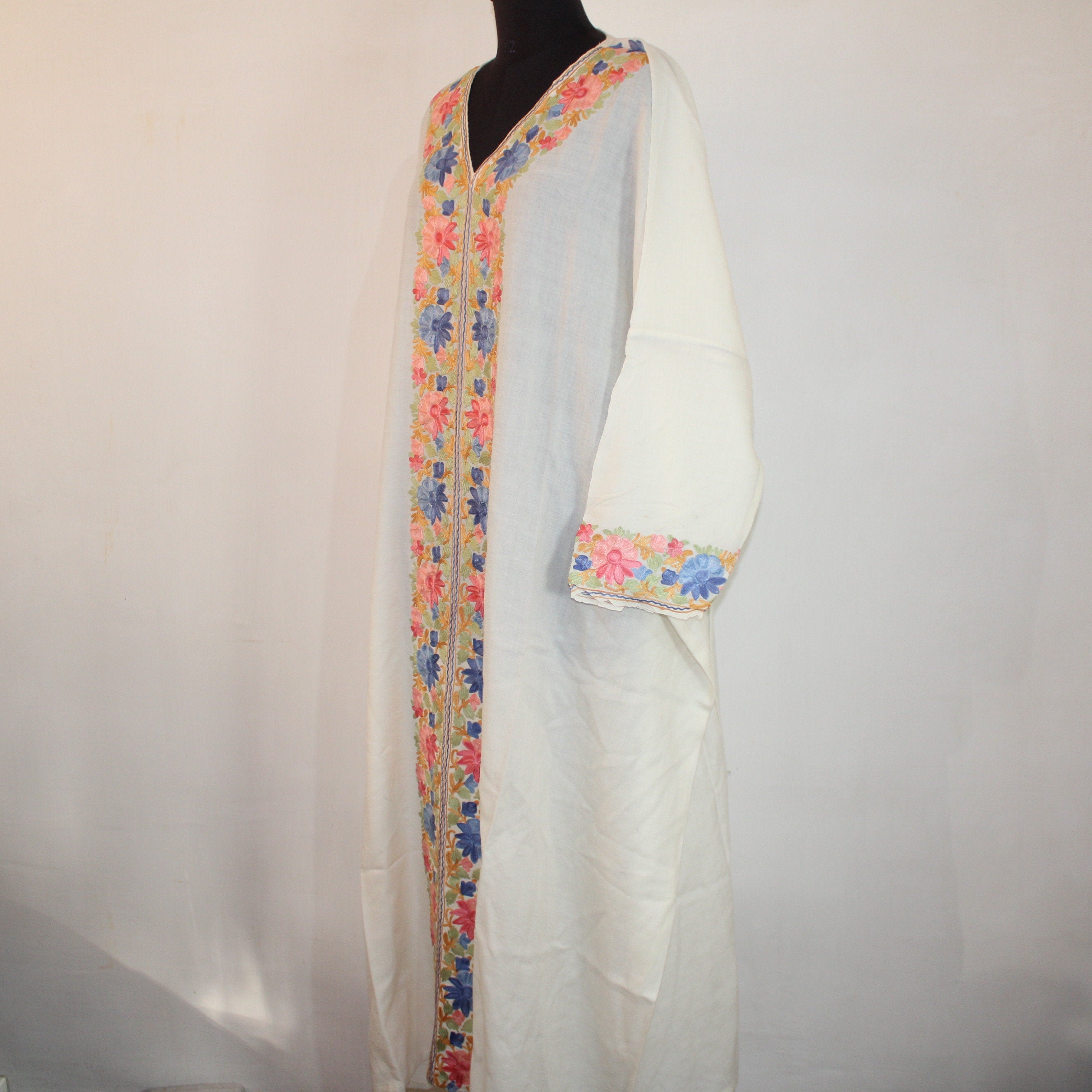Kashmiri Aari Embroidered pure merino wool Kaftan for Women, Handmade Kaftan Dress for Girls,